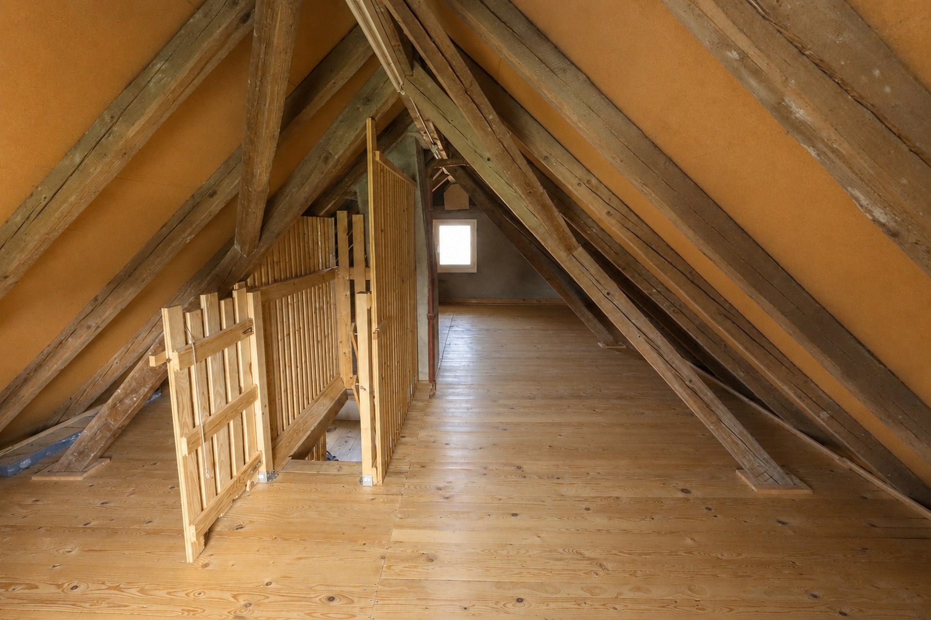 Dachboden mit sichtbarem Holzgebälk