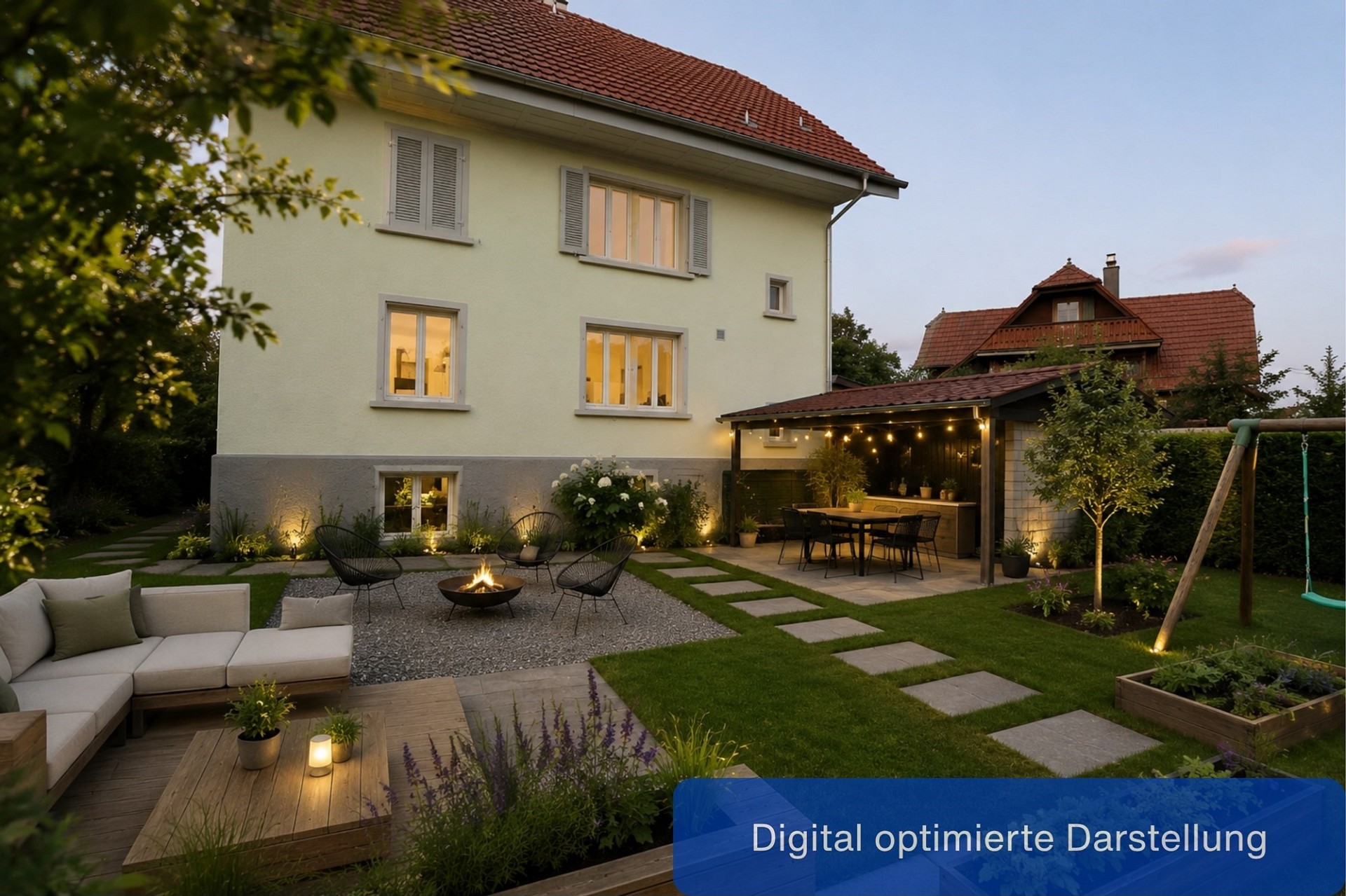 Gemütlicher Garten mit Terrasse und Feuerstelle