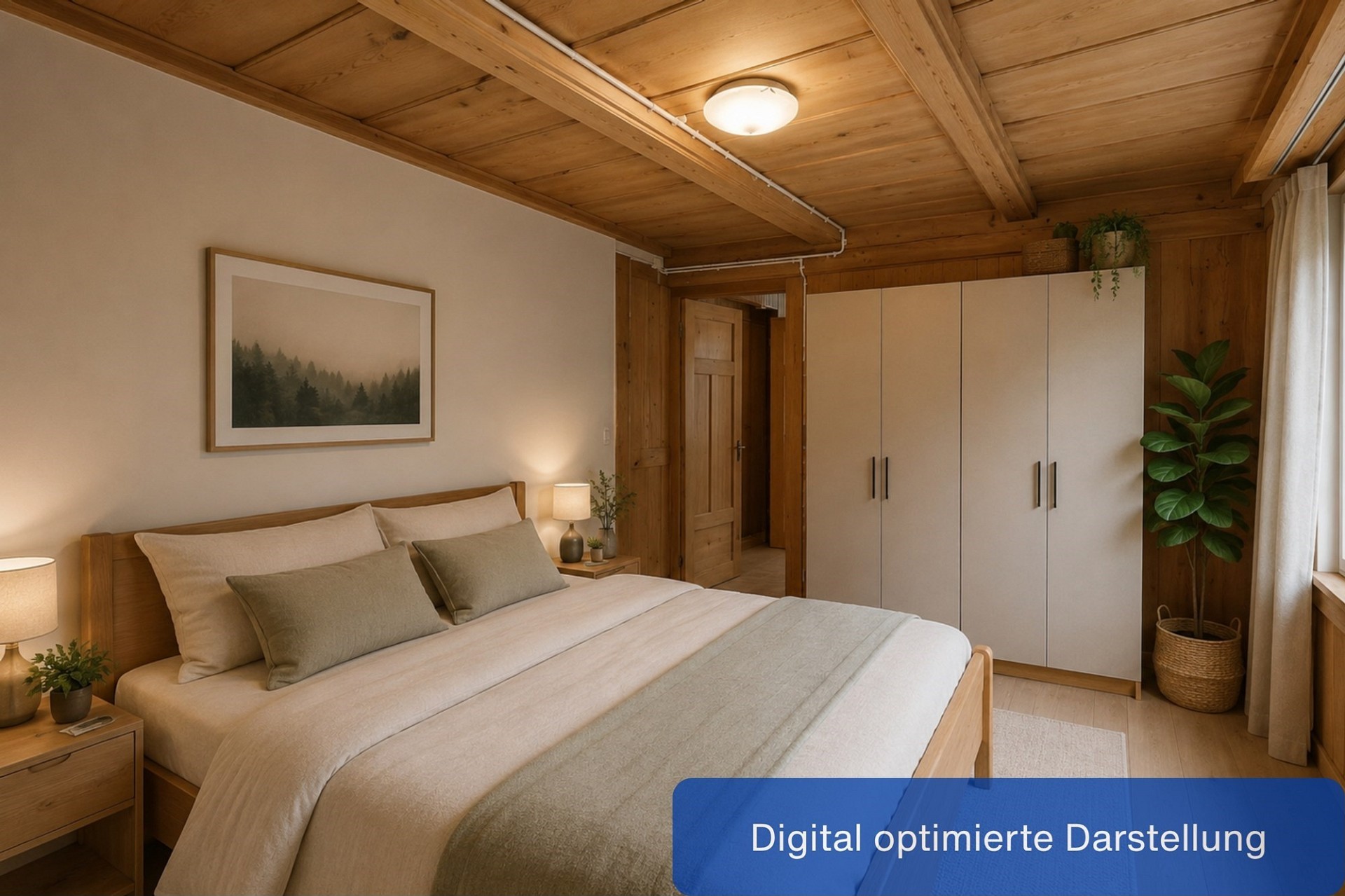Gemütliches Schlafzimmer im warmen Holzstil