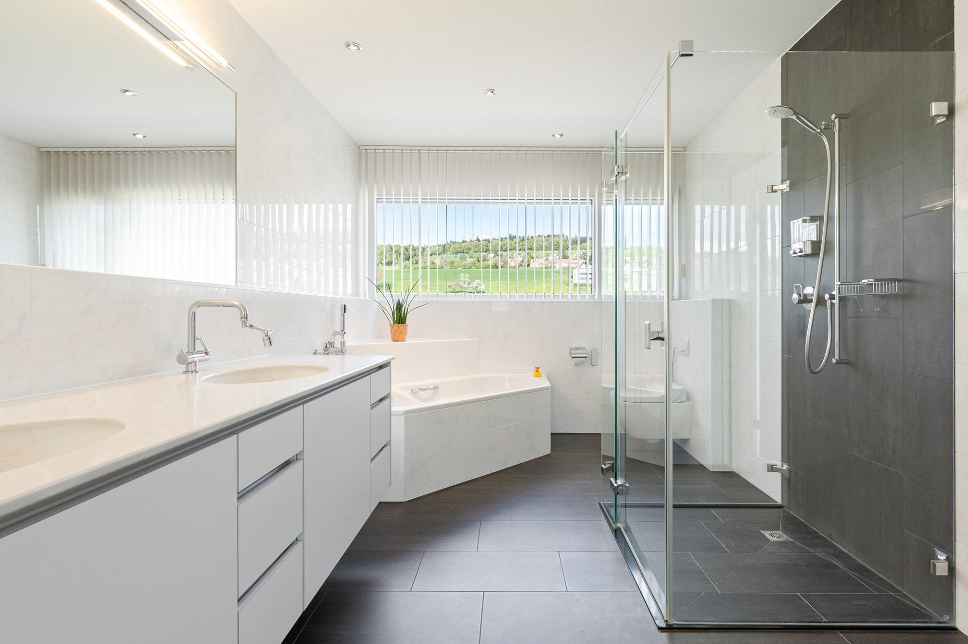 Modernes Badezimmer mit Dusche, Badewanne und Fensterblick