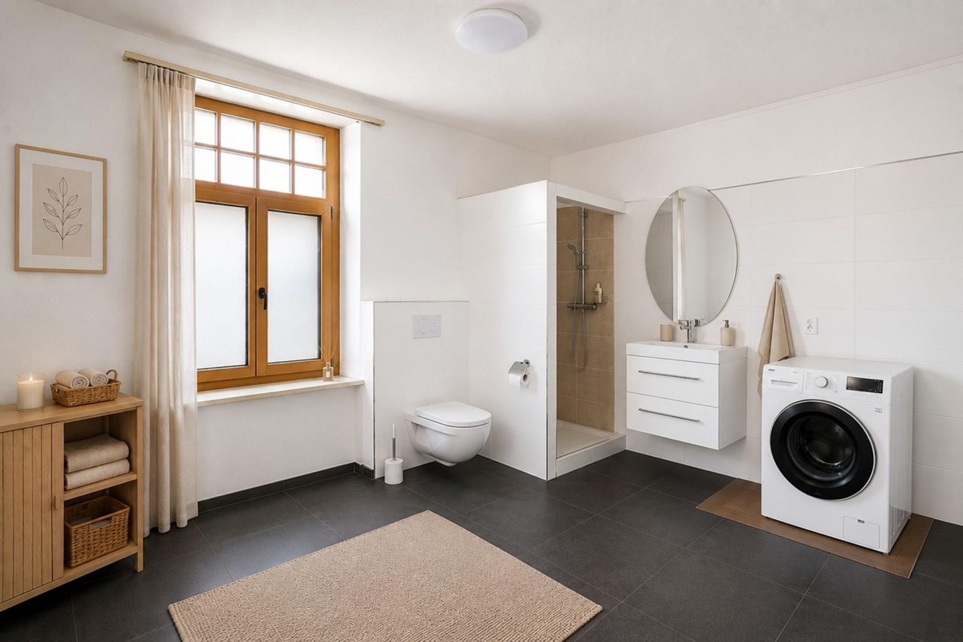 Modernes Badezimmer mit Waschtisch, Dusche und Waschmaschine