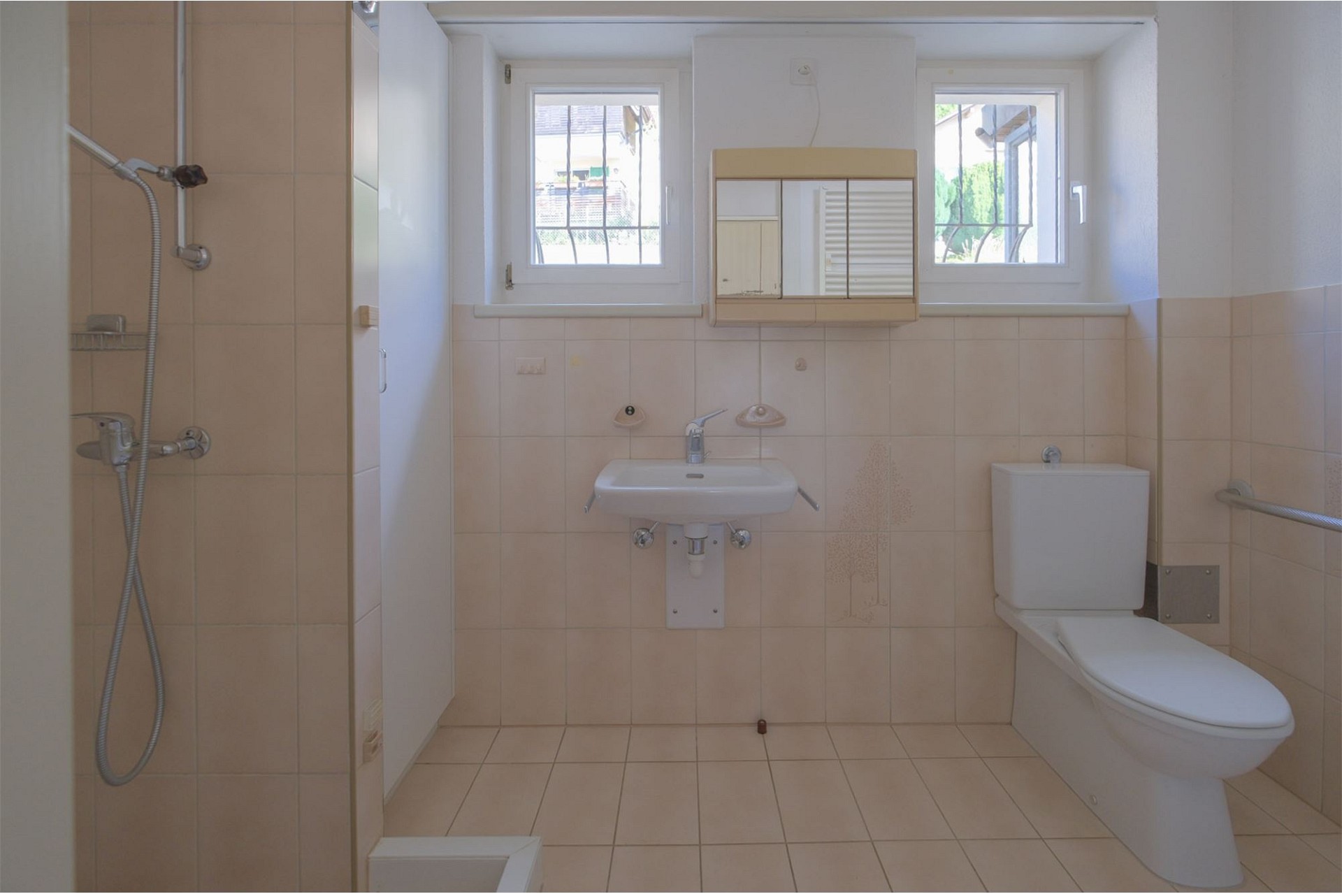 Badezimmer mit Dusche, WC und Waschbecken