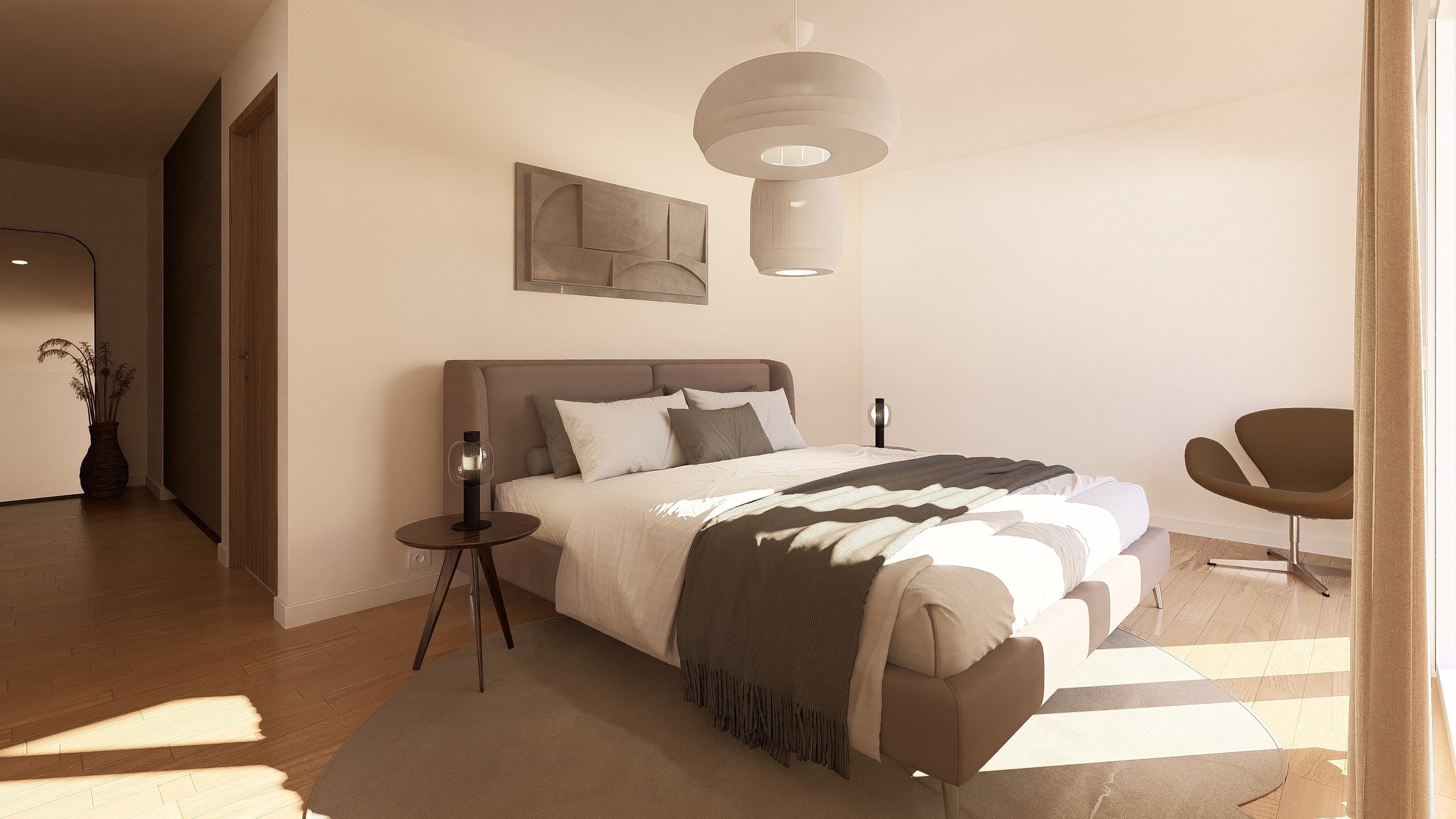 Modernes Schlafzimmer mit warmem Tageslicht