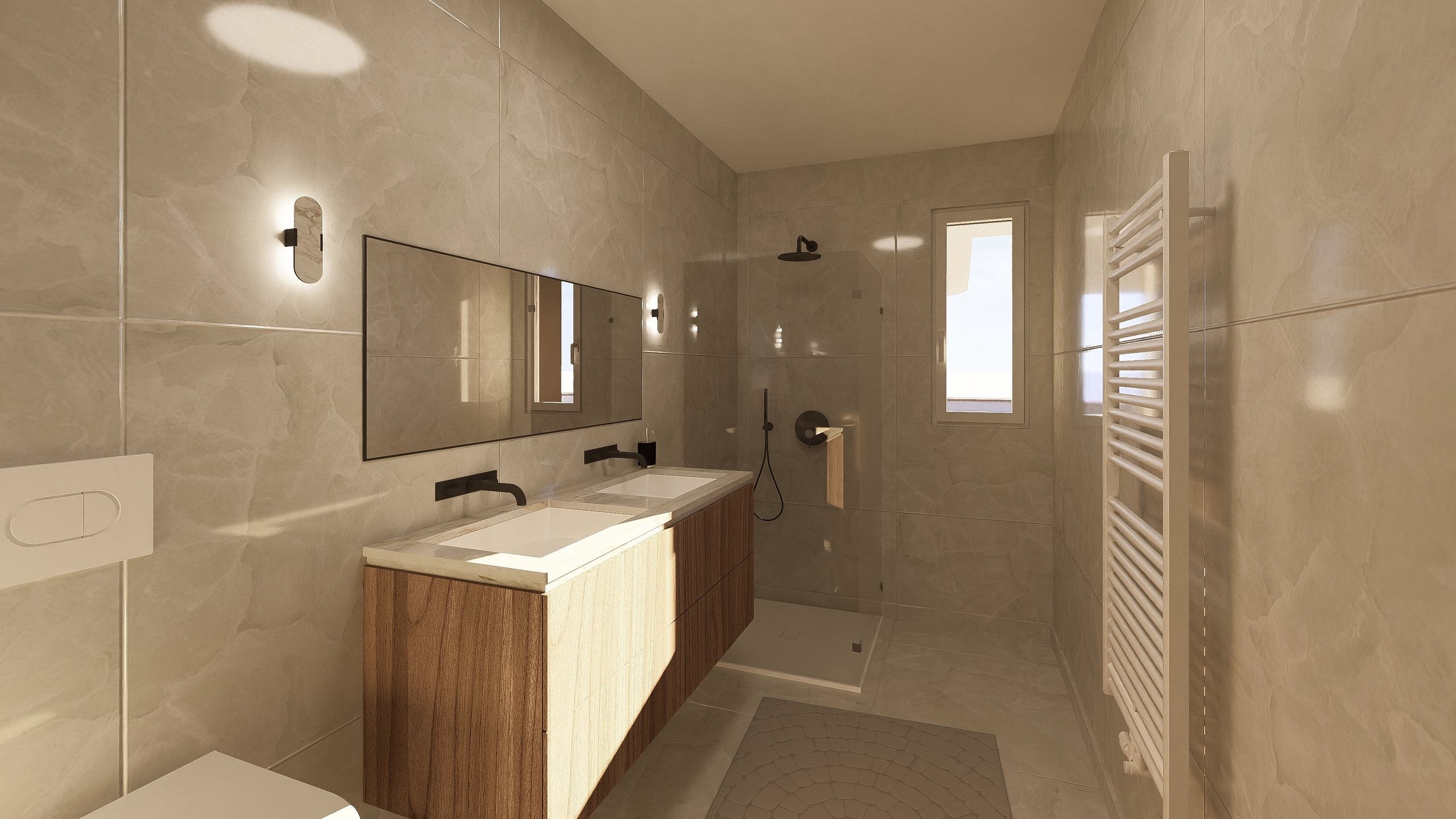 Modernes Badezimmer mit begehbarer Dusche und Doppelwaschtisch