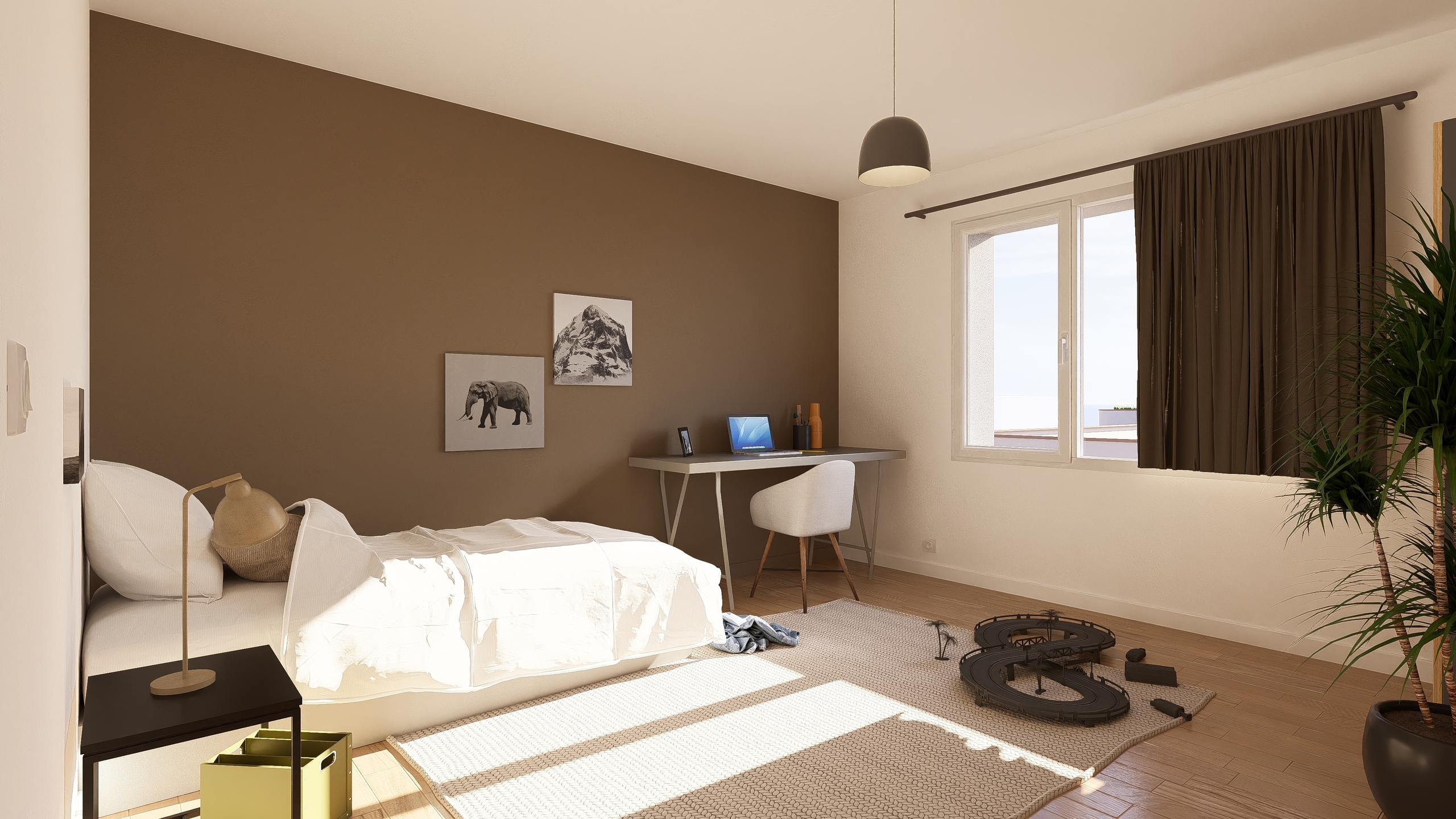 Helles Schlafzimmer mit Arbeitsbereich