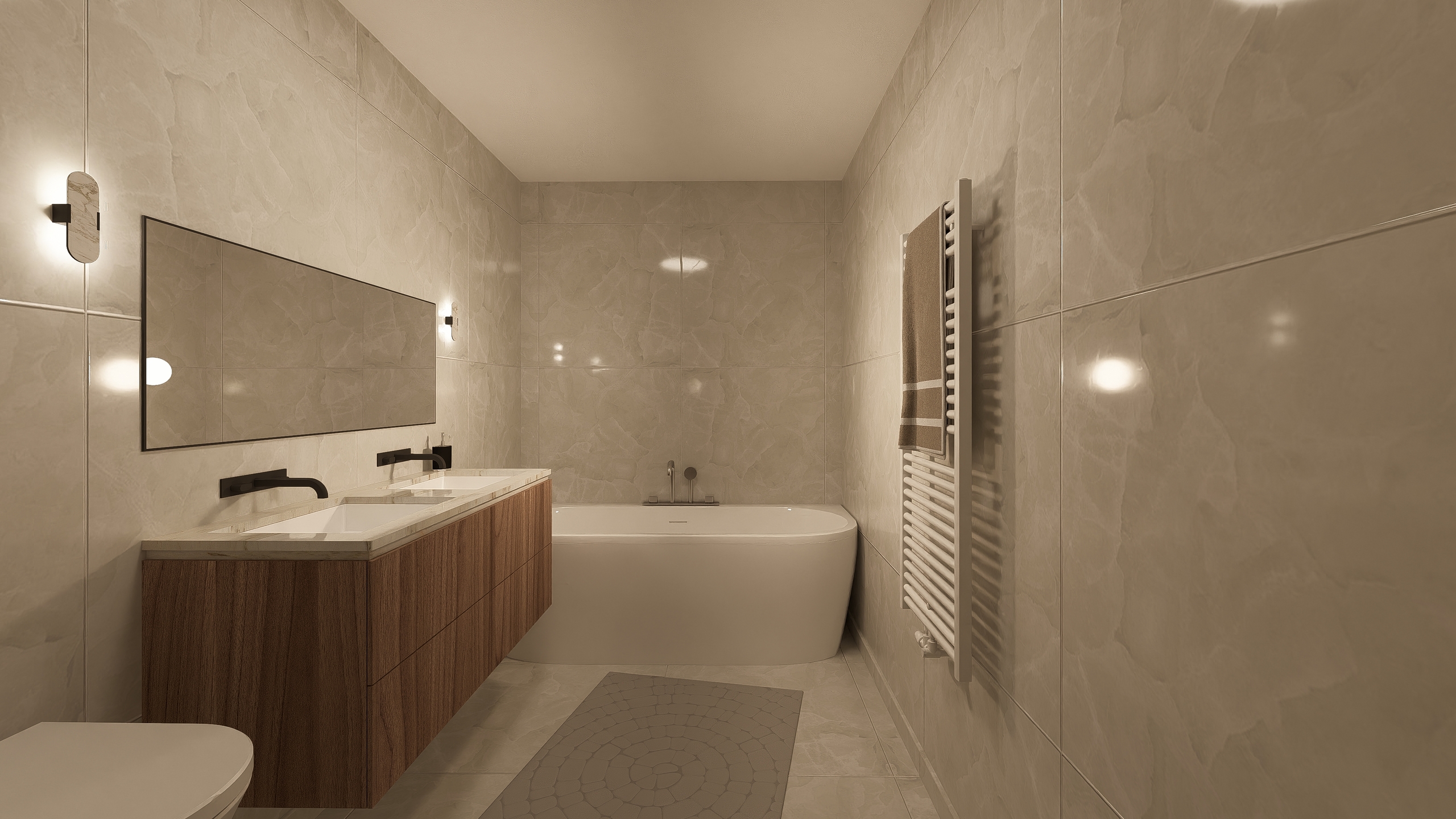 Modernes Badezimmer mit Doppelwaschtisch und Badewanne