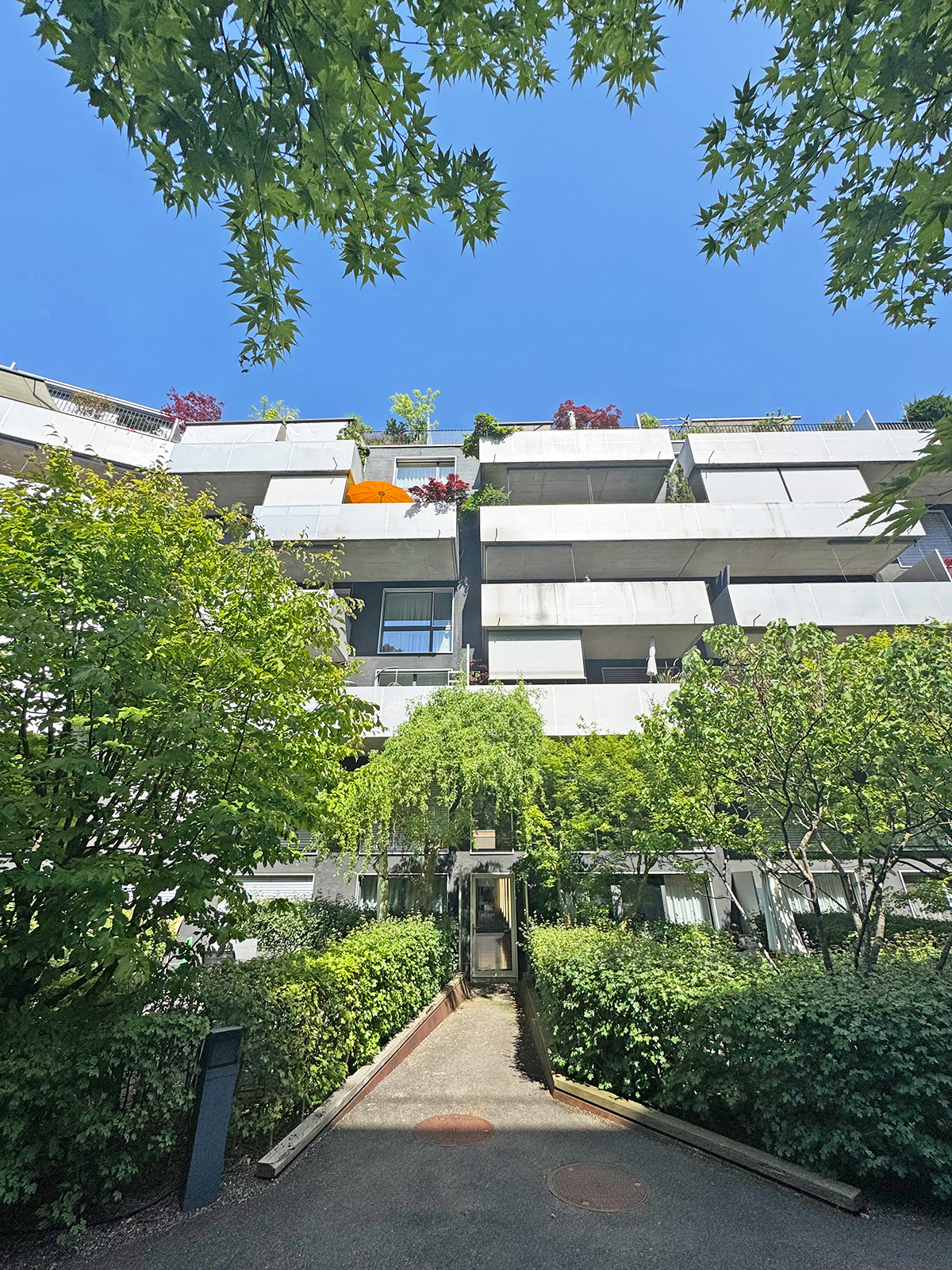 Modernes Wohngebäude mit begrüntem Vorbereich