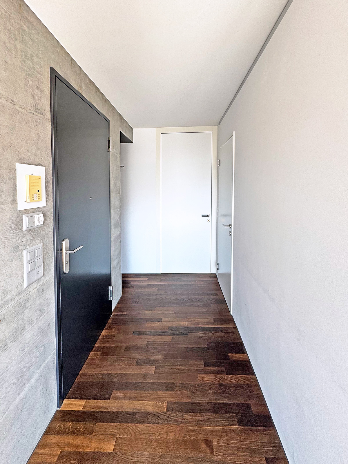 Moderner Eingangsflur mit dunkler Holzböden und grauer Akzentwand