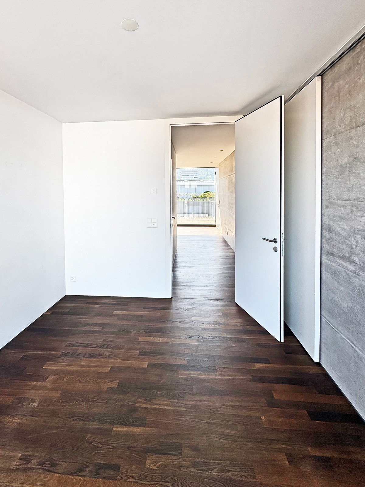 Moderner Flur mit dunklem Holzboden