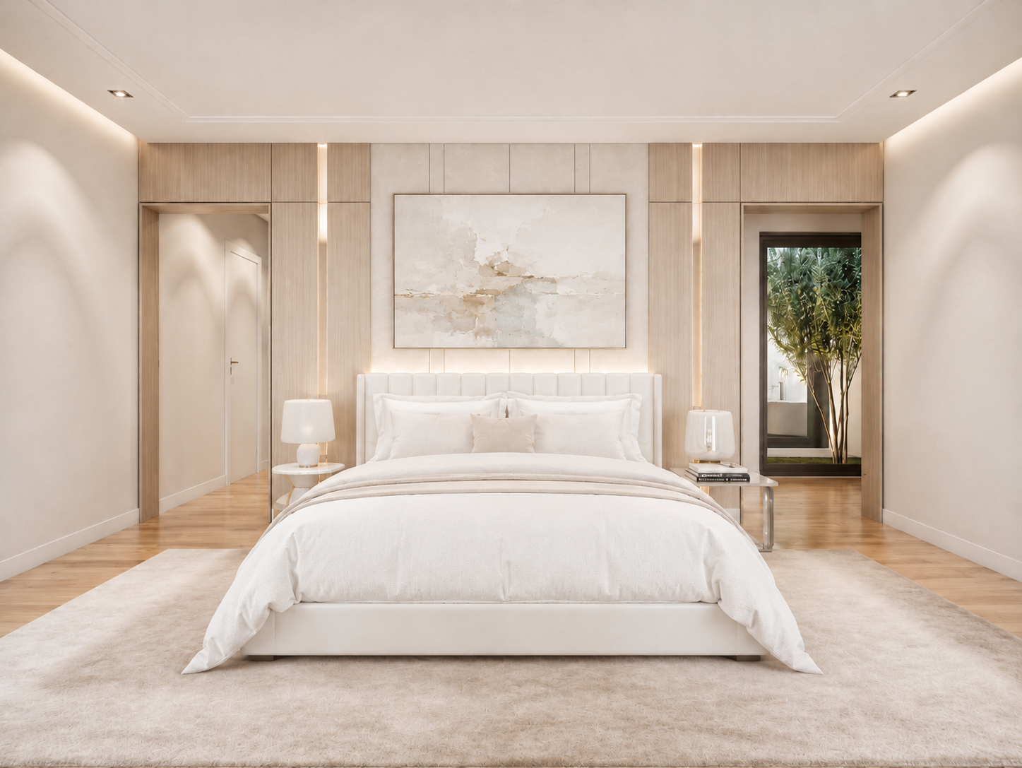 Helles, minimalistisches Schlafzimmer mit Doppelbett