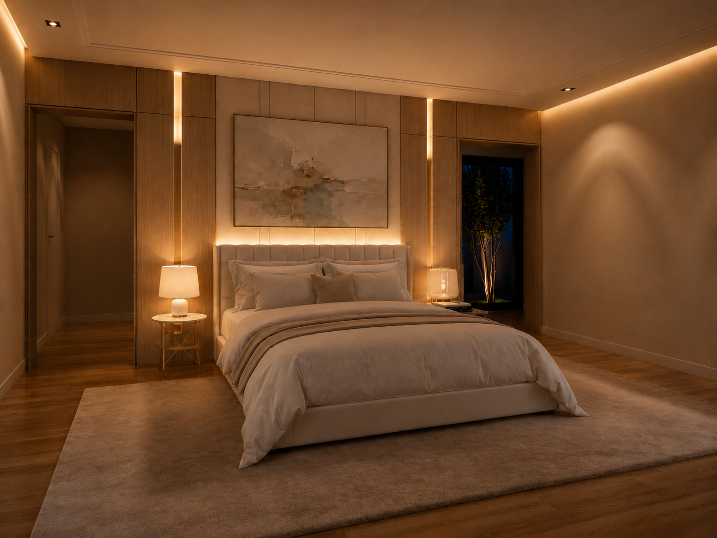 Elegantes Schlafzimmer mit warmem Ambientelicht