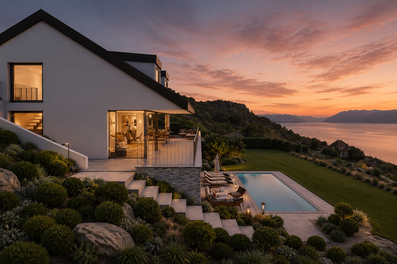 Modernes Luxushaus mit Meerblick bei Sonnenuntergang