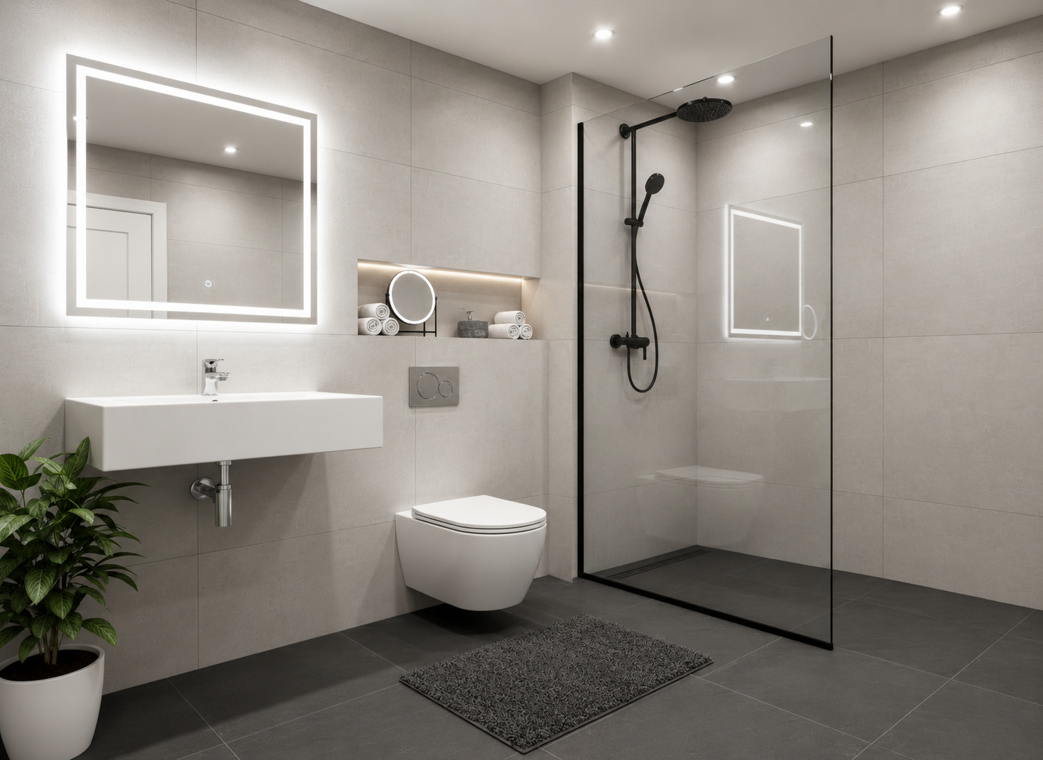 Modernes Badezimmer mit Walk-in-Dusche und LED-Spiegel