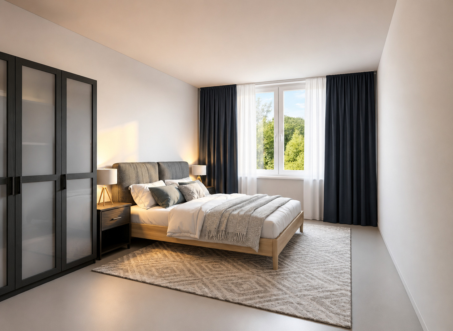 Helles Schlafzimmer mit modernem Mobiliar