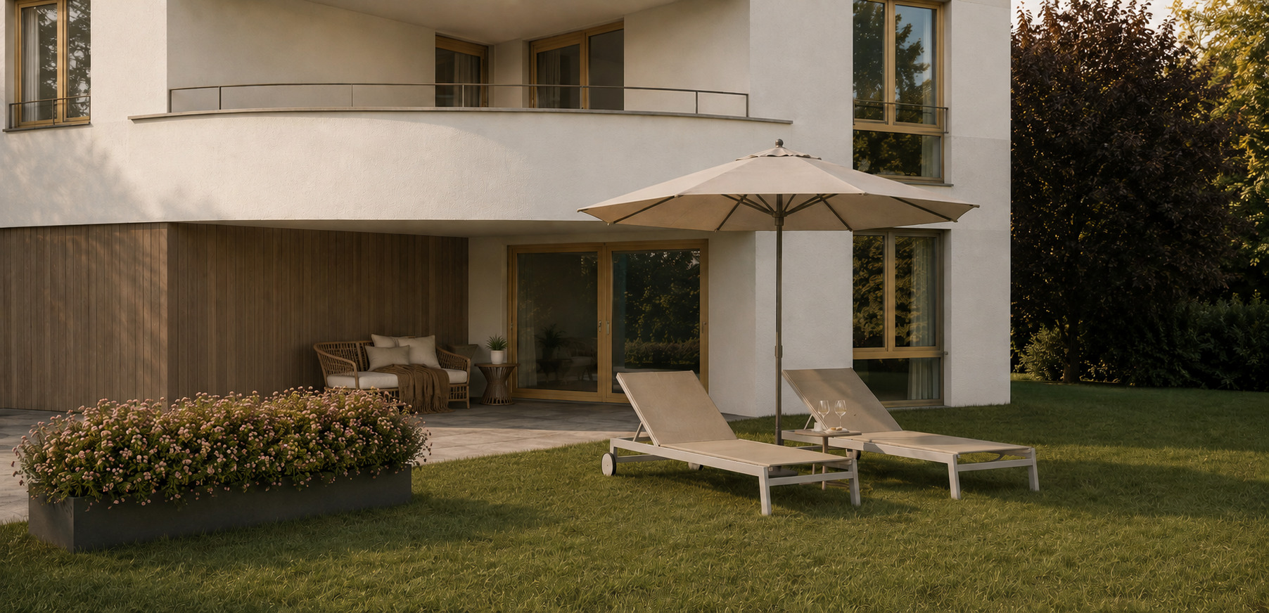 Moderne Außenansicht mit Terrasse und Garten