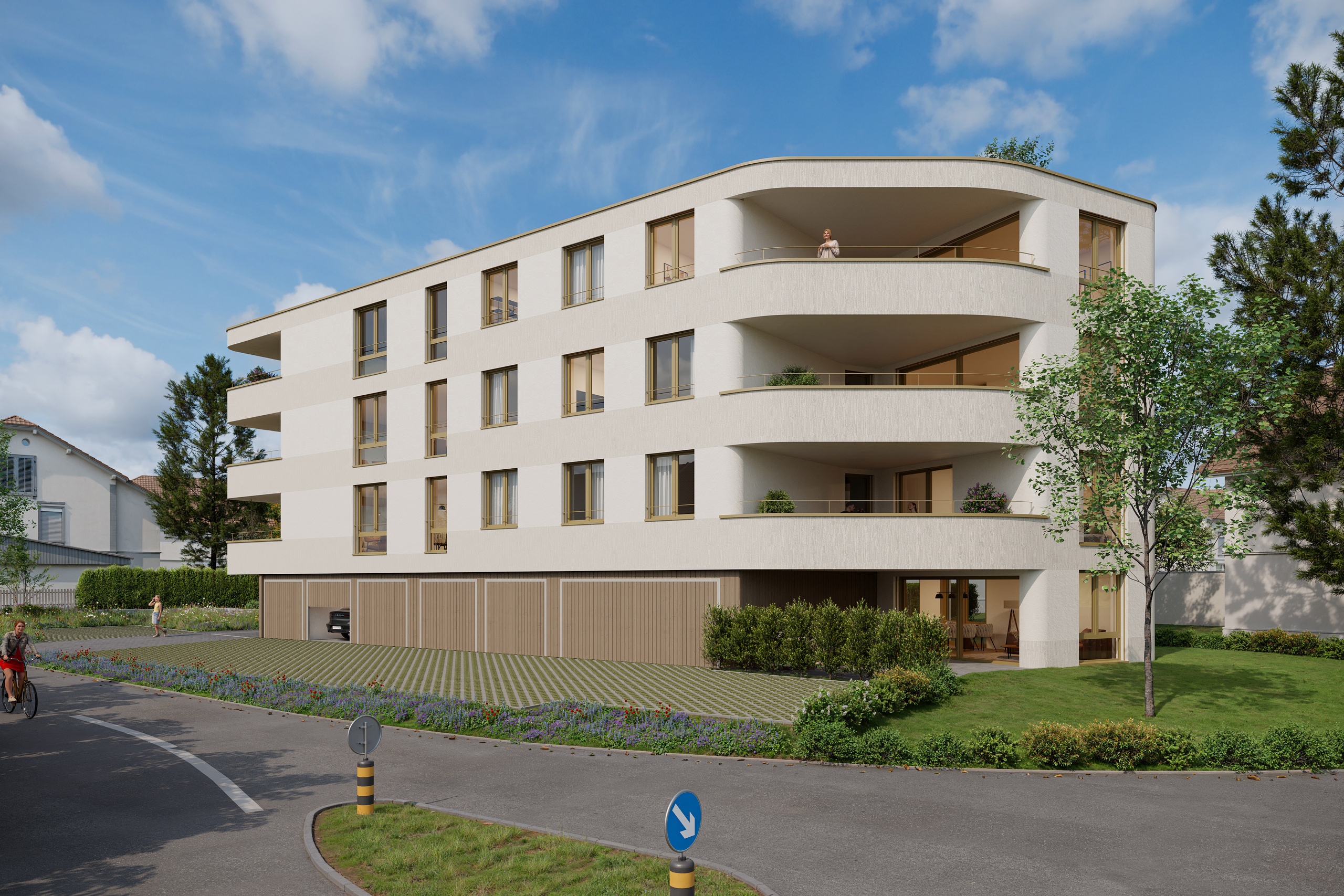 Modernes Mehrfamilienhaus mit geschwungenen Balkonen
