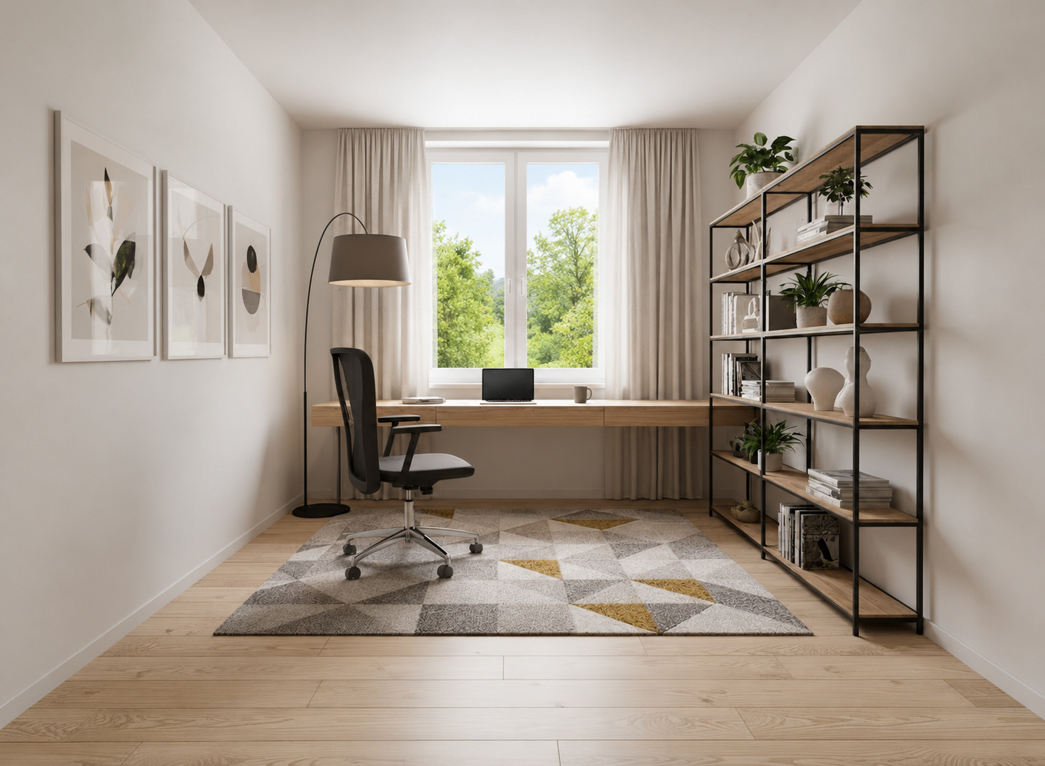 Helles Homeoffice mit Fenster und Regalsystem