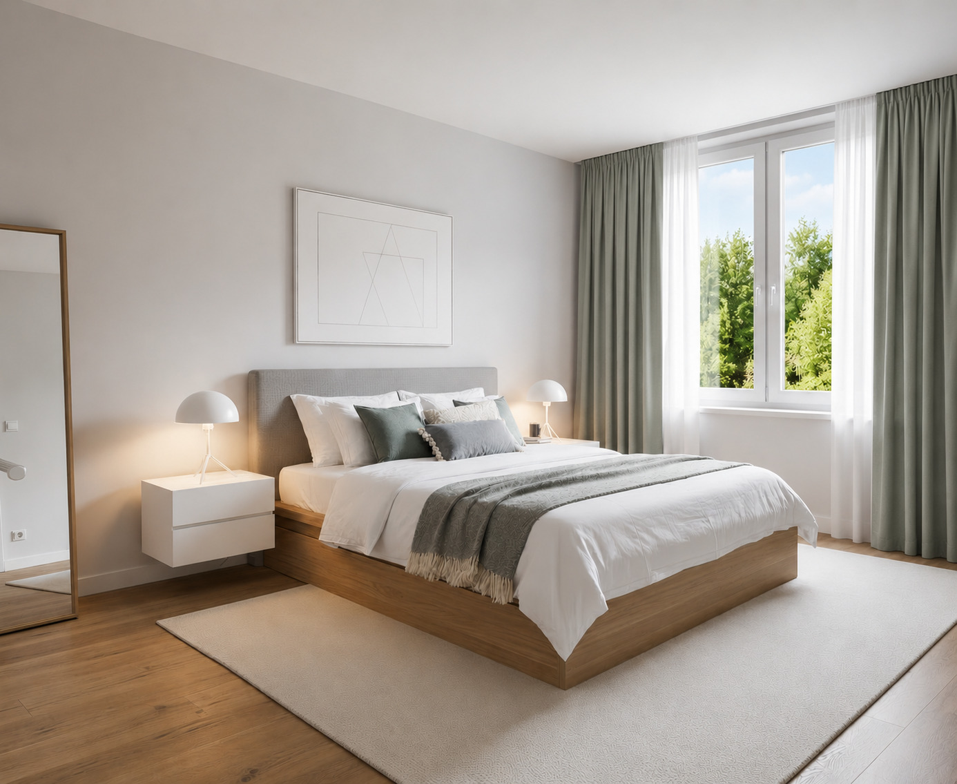 Helles, modernes Schlafzimmer mit Naturholz und Grünakzenten