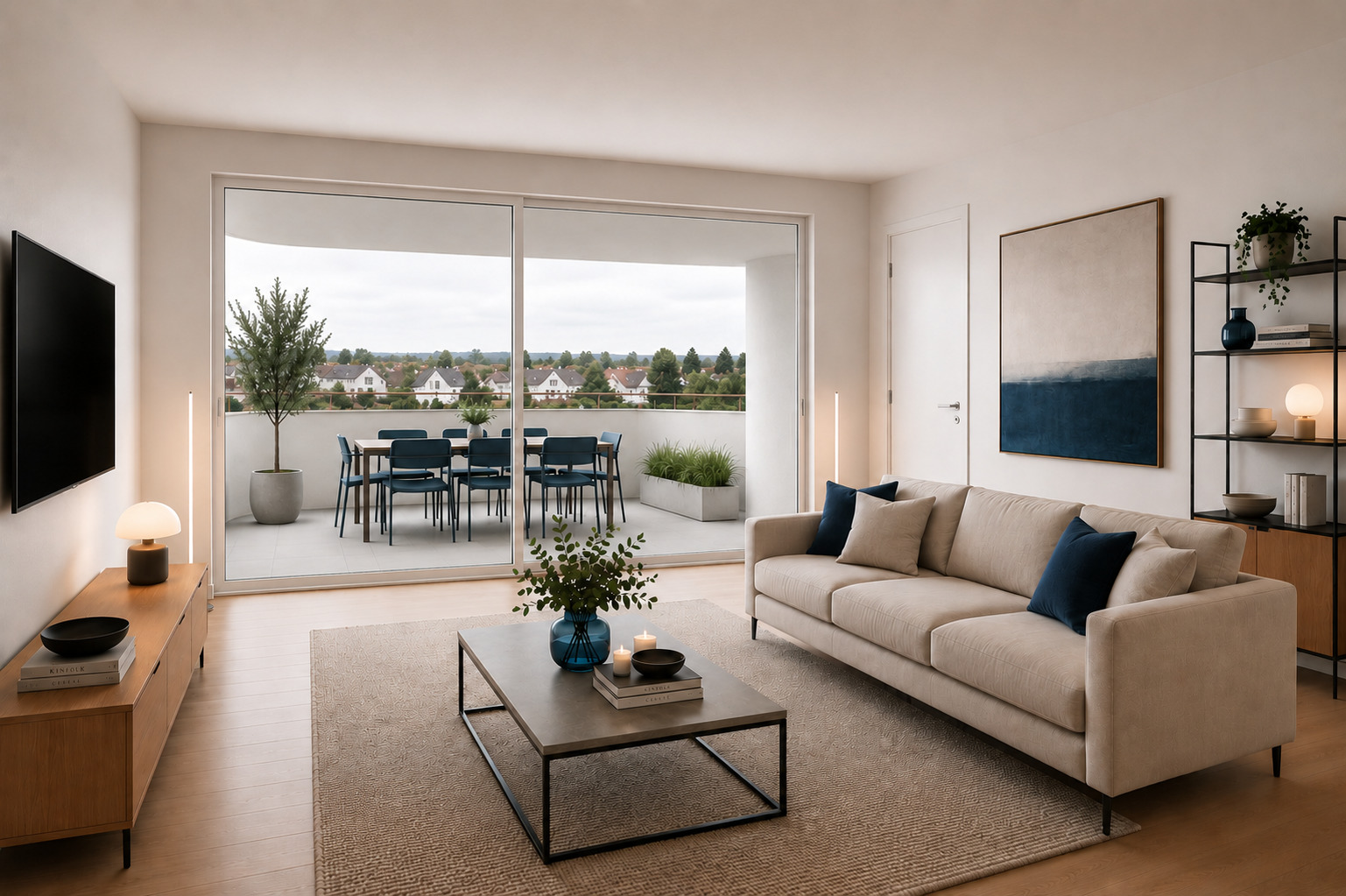 Helles, modernes Wohnzimmer mit Balkonblick