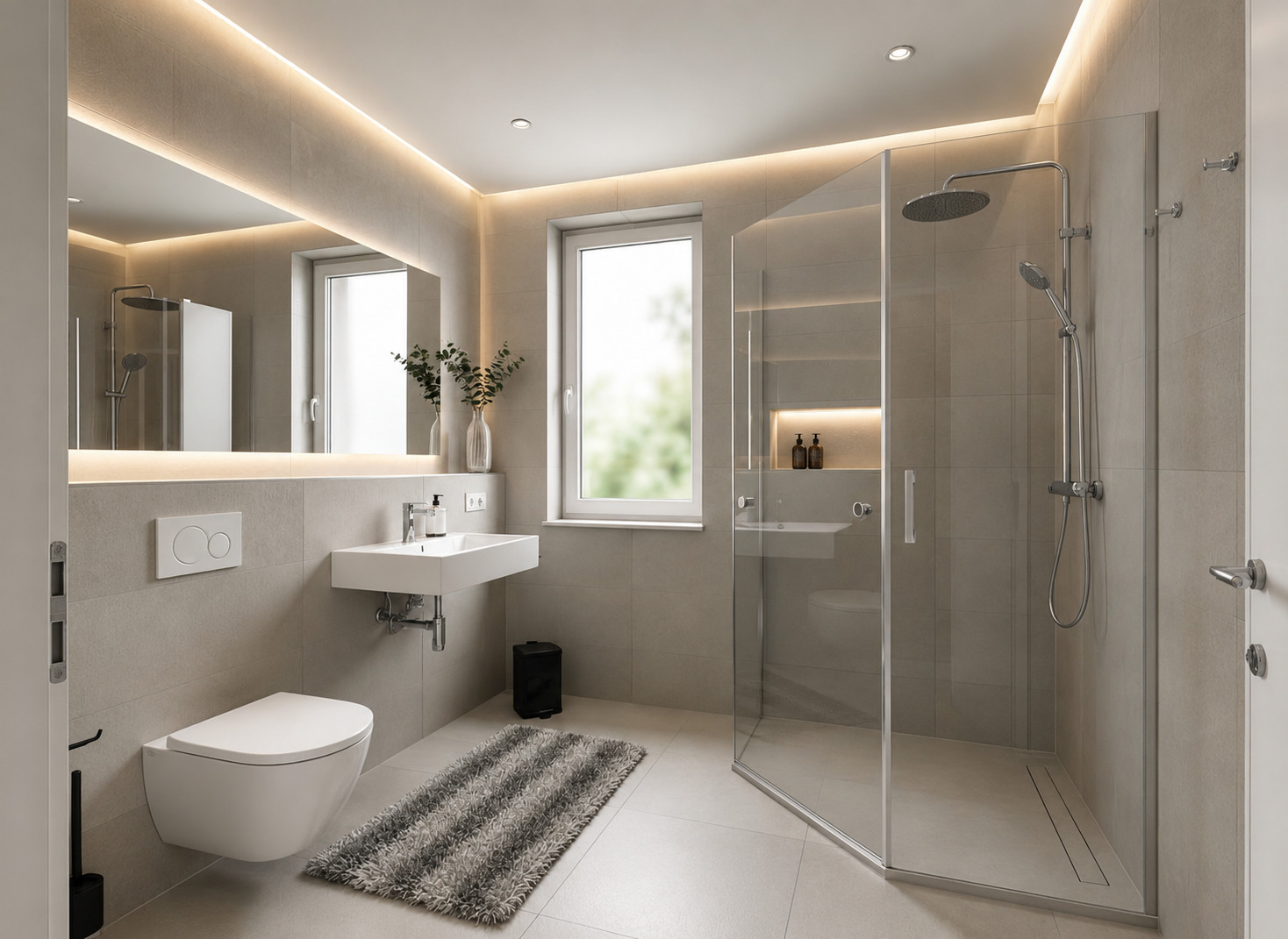 Modernes Badezimmer mit Walk-in-Dusche und wandhängendem WC