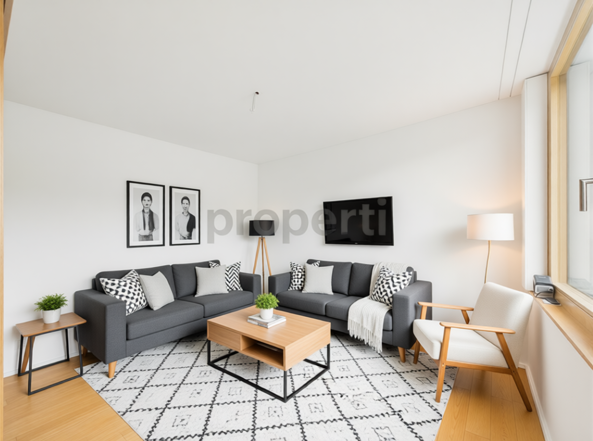 Modernes, helles Wohnzimmer mit zwei Sofas