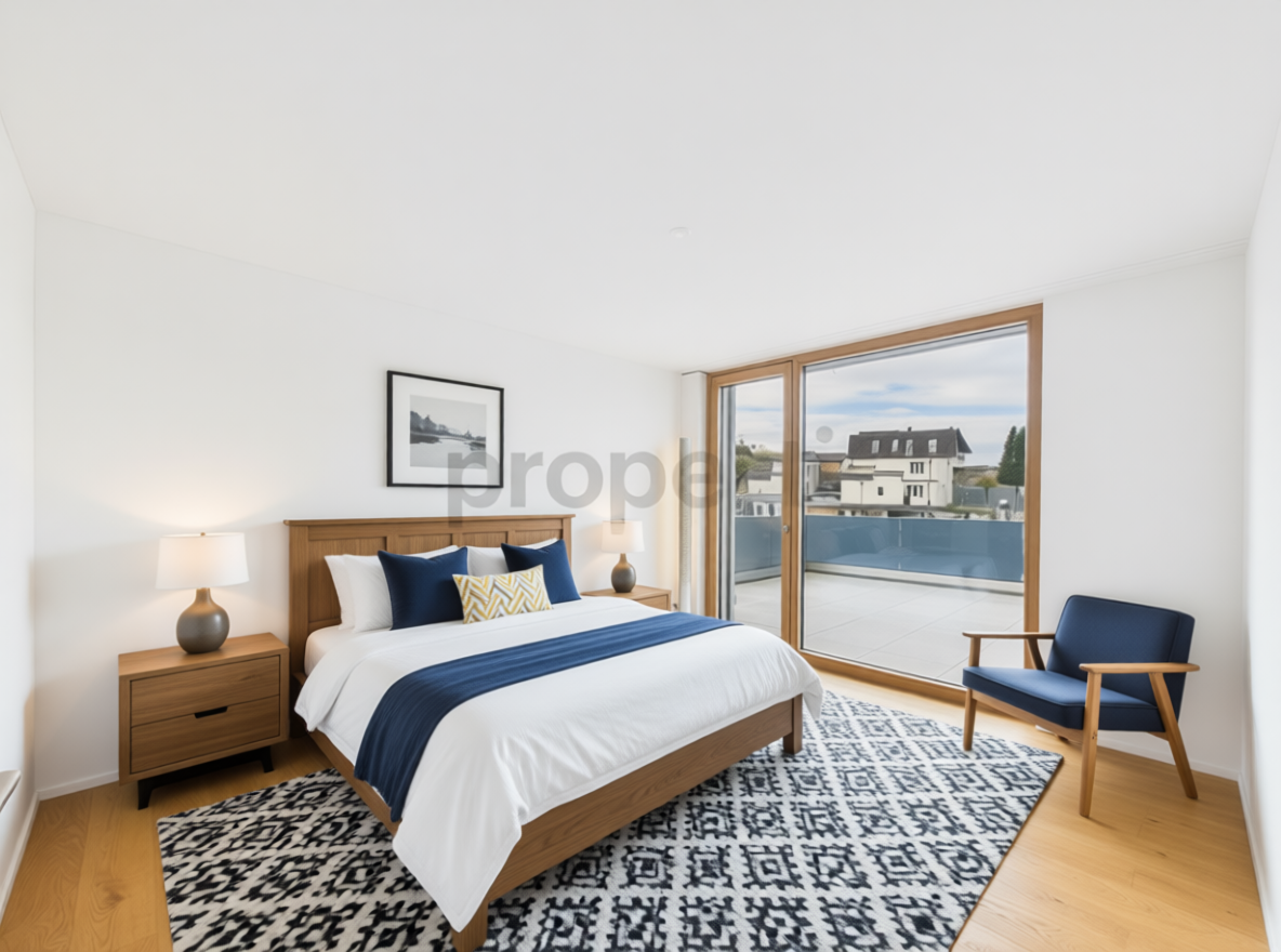Modernes Schlafzimmer mit Balkonzugang