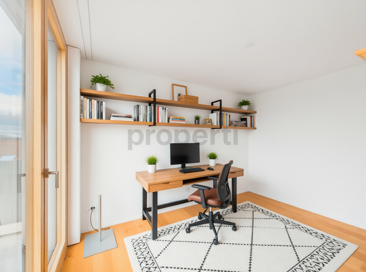 Helles Arbeitszimmer mit Schreibtisch und Regal