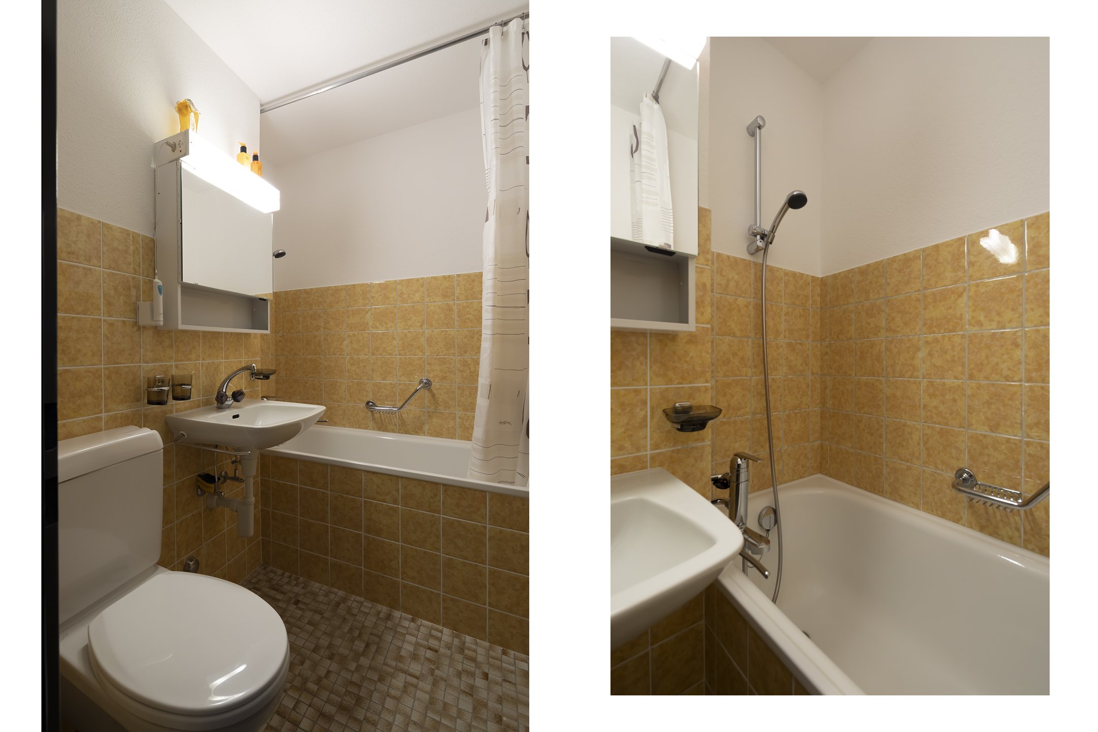 Kleines Badezimmer mit Badewanne und WC