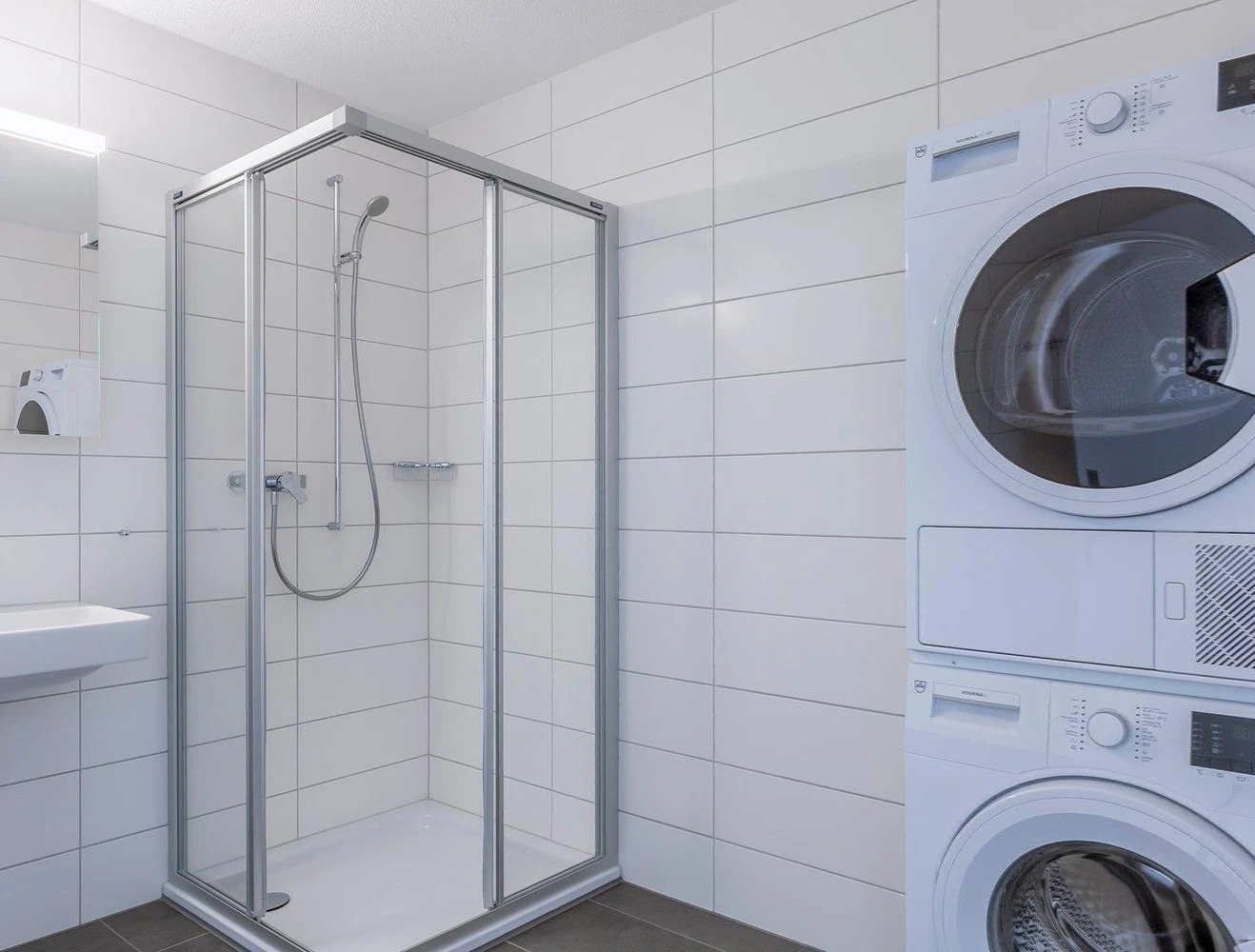 Hauswirtschaftsraum mit Dusche und Waschmaschine
