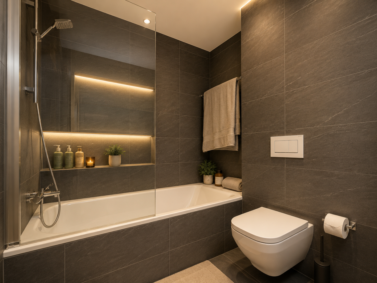 Modernes Bad mit Badewanne und wandhängendem WC