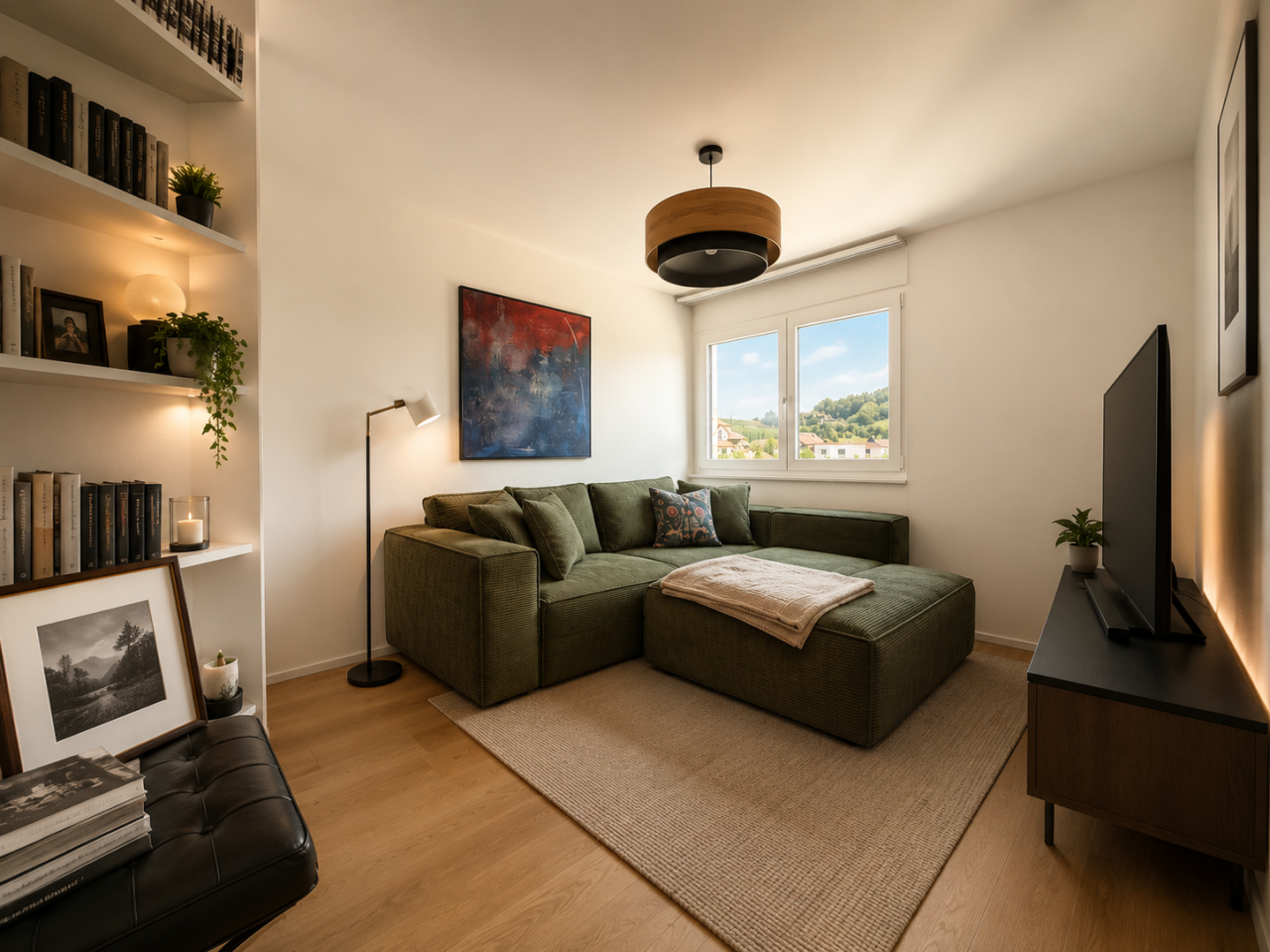 Gemütliches Wohnzimmer mit großem Ecksofa und Blick ins Grüne
