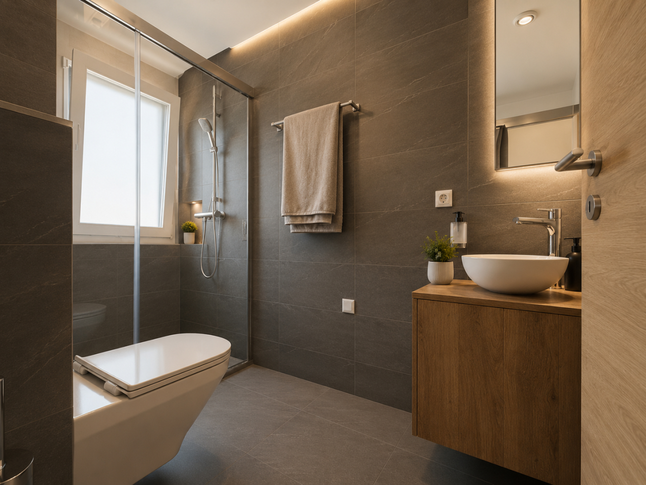 Modernes Badezimmer mit Walk-in-Dusche und Holzwaschtisch