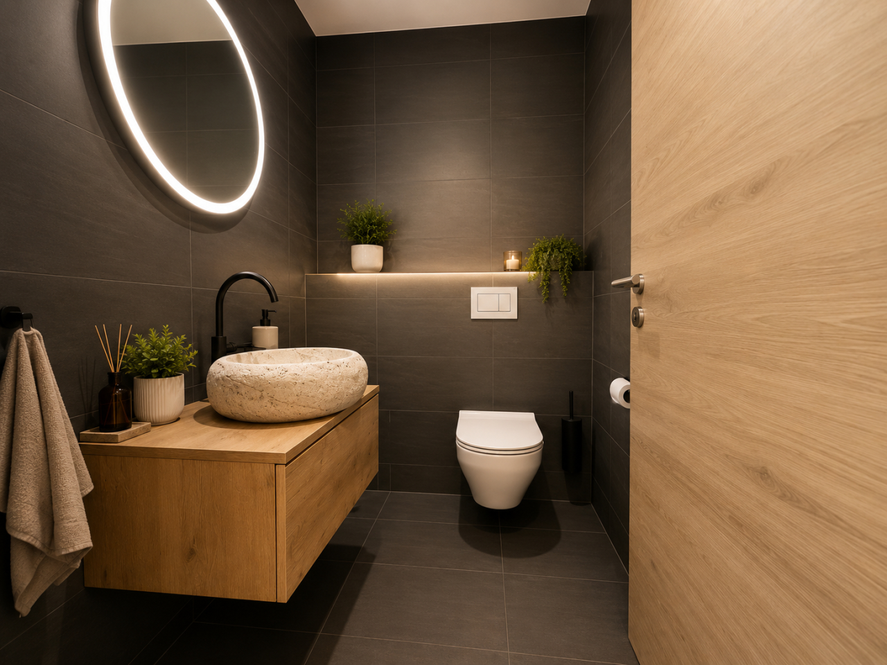 Modernes Gäste-WC mit beleuchtetem Rundspiegel