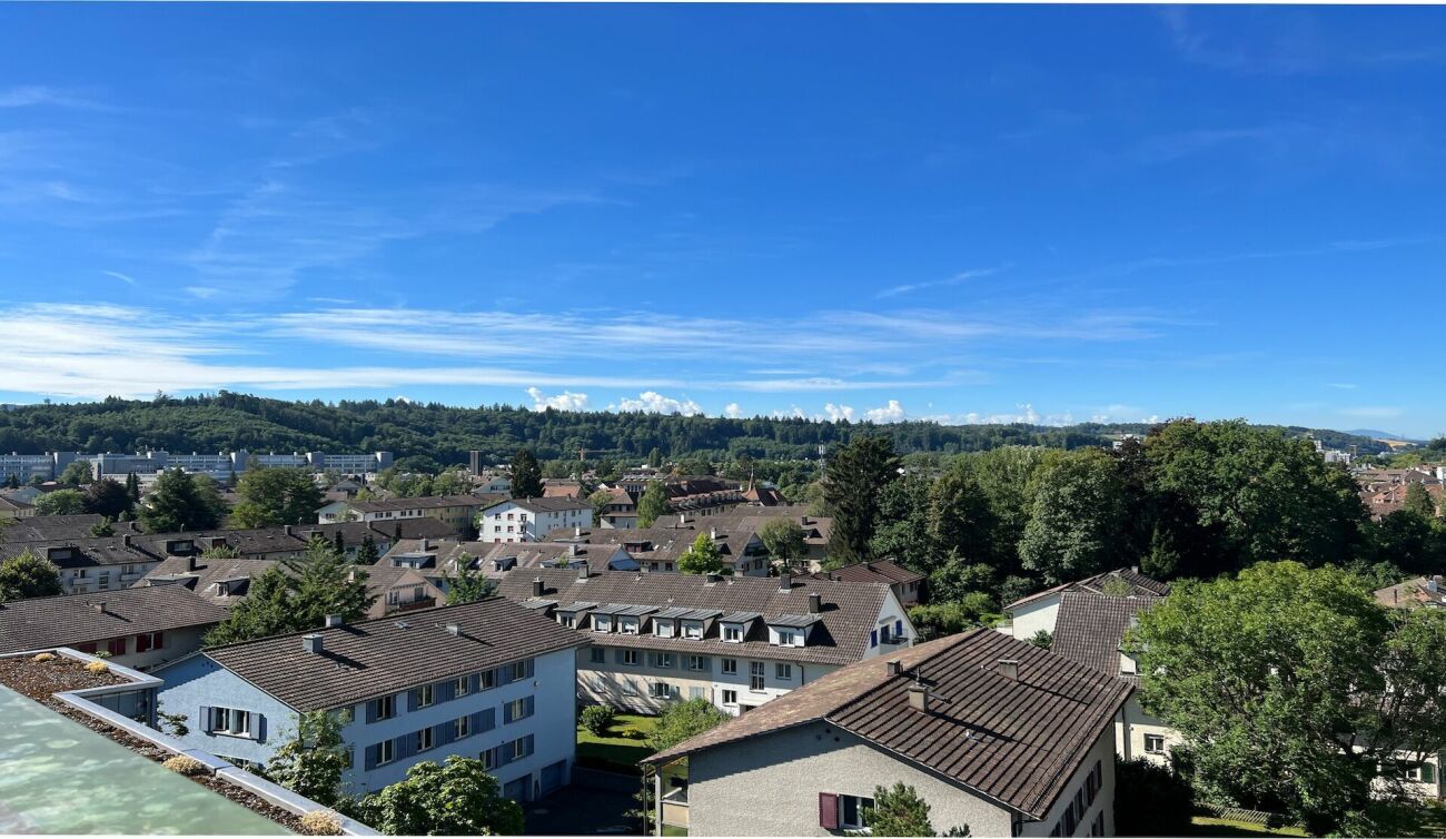 Stadtblick über Wohngebiet mit Hügeln