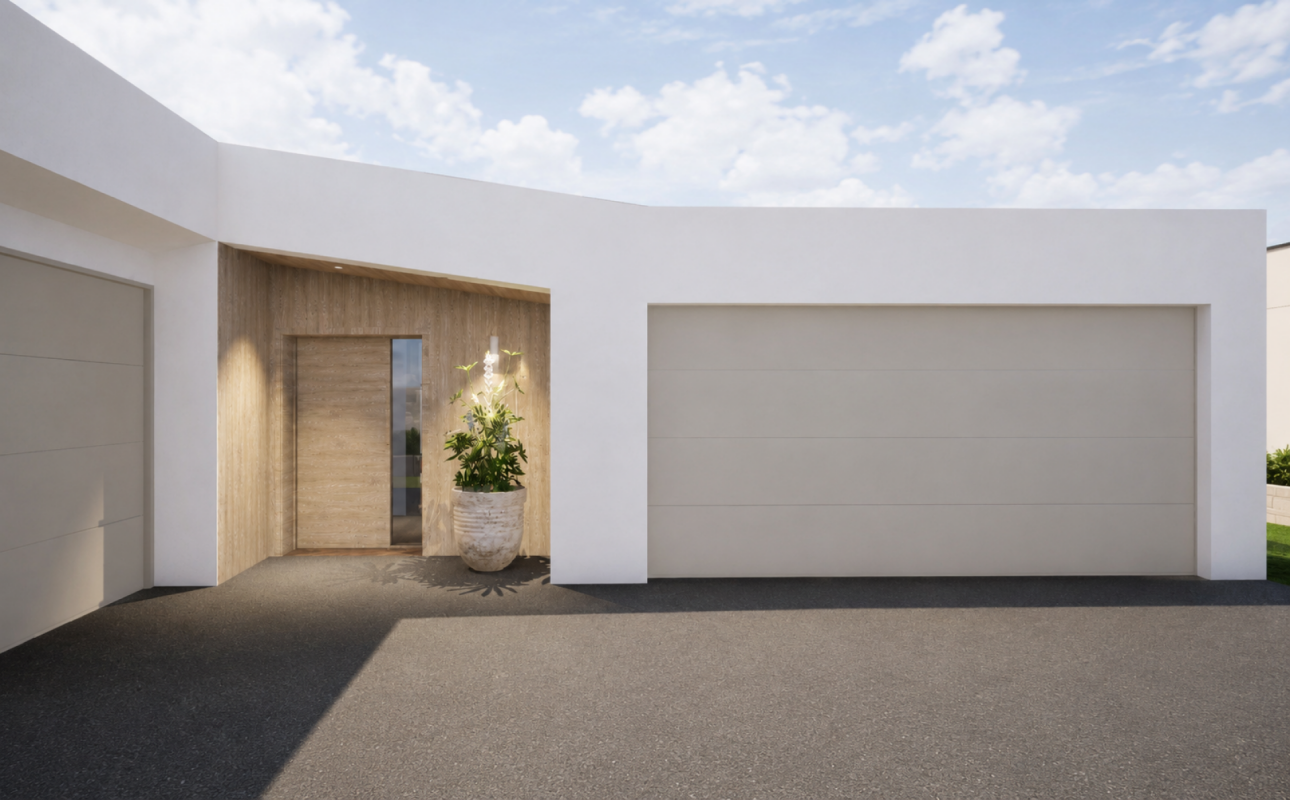 Moderne weiße Hausfassade mit Holzakzent und Doppelgarage