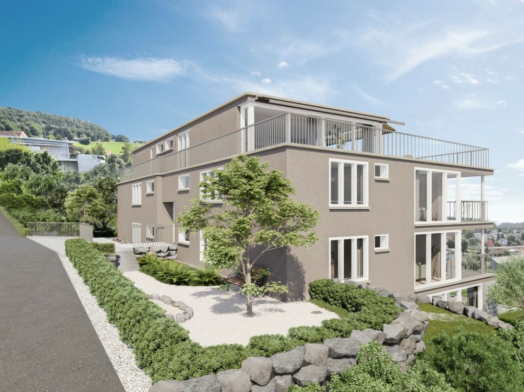 Modernes Wohngebäude in Hanglage mit Terrassen und Garten