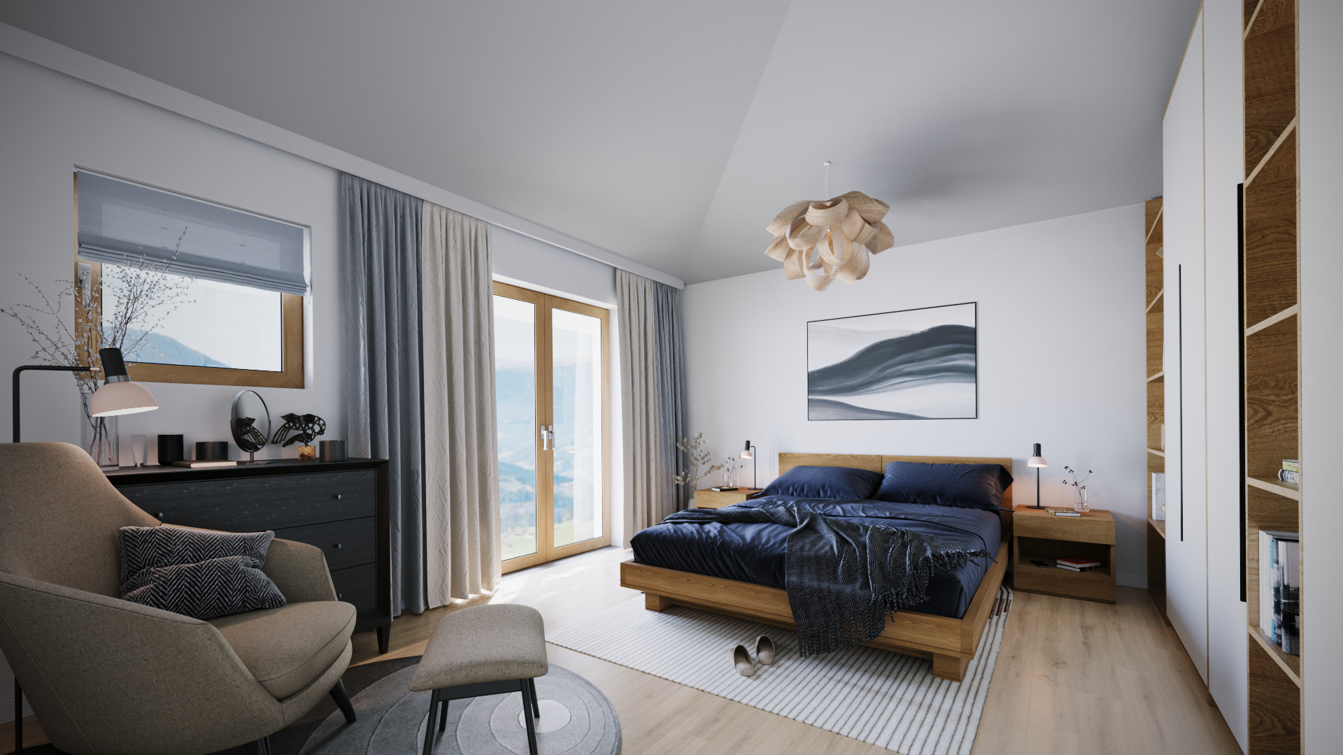 Modernes Schlafzimmer mit Bergblick