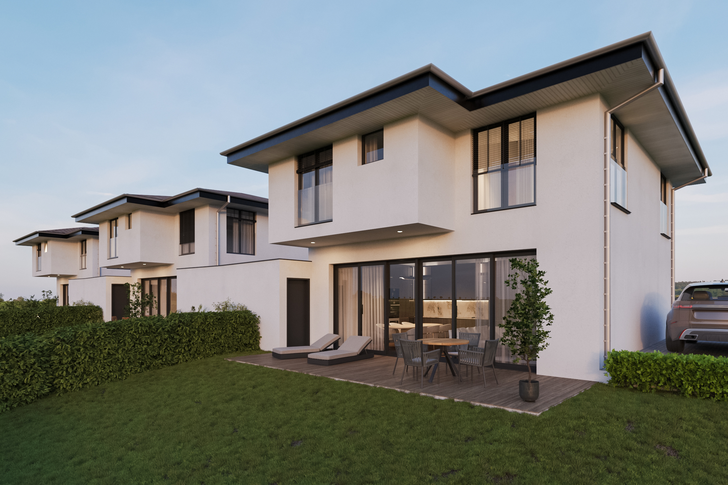 Moderne Reihenhaus-Ansicht mit Terrasse