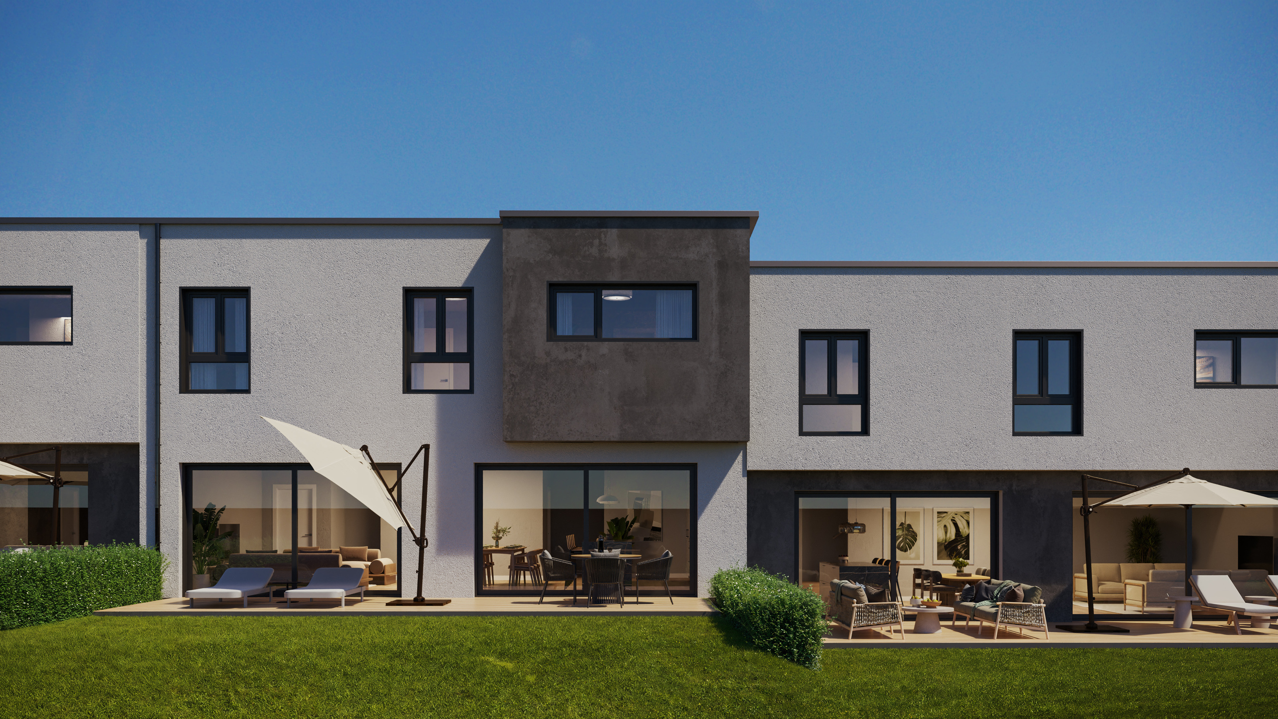 Moderne Reihenhaus-Ansicht mit Garten