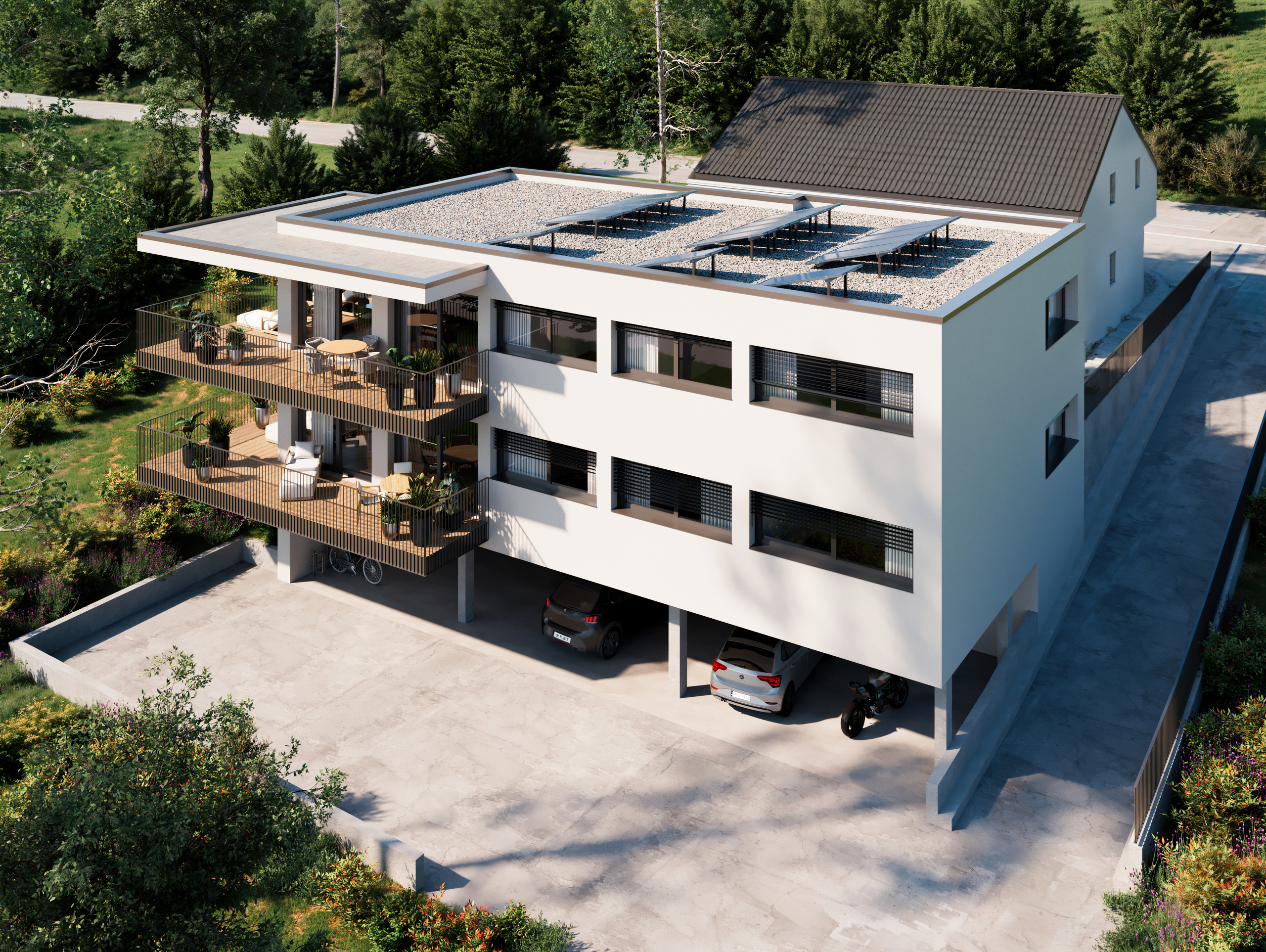 Moderne Wohnanlage mit Balkonen und Stellplätzen