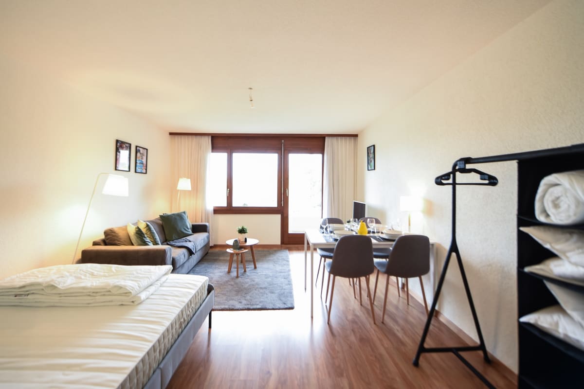 Helles Wohn- und Esszimmer mit Schlafbereich