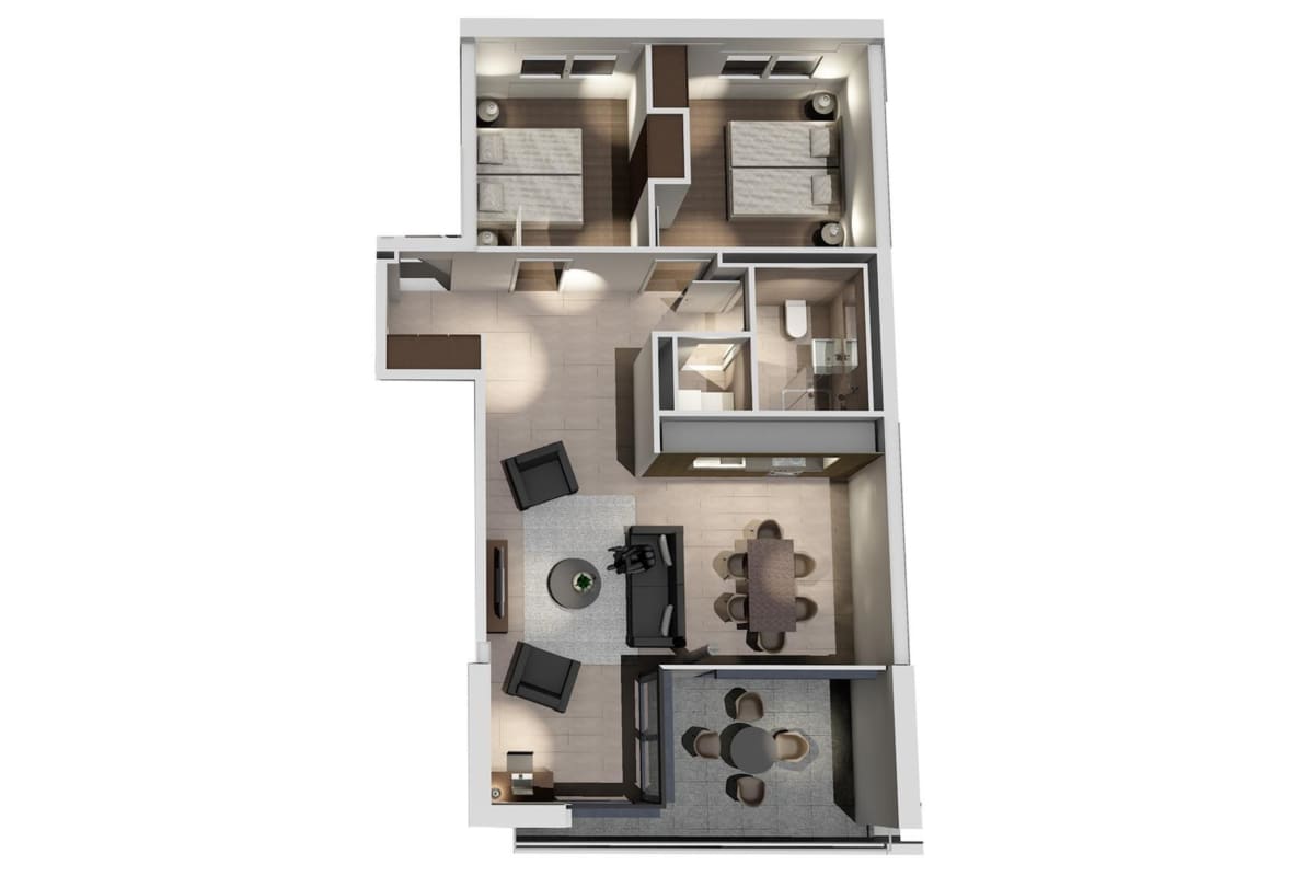 Grundriss einer Wohnung mit möblierten Räumen