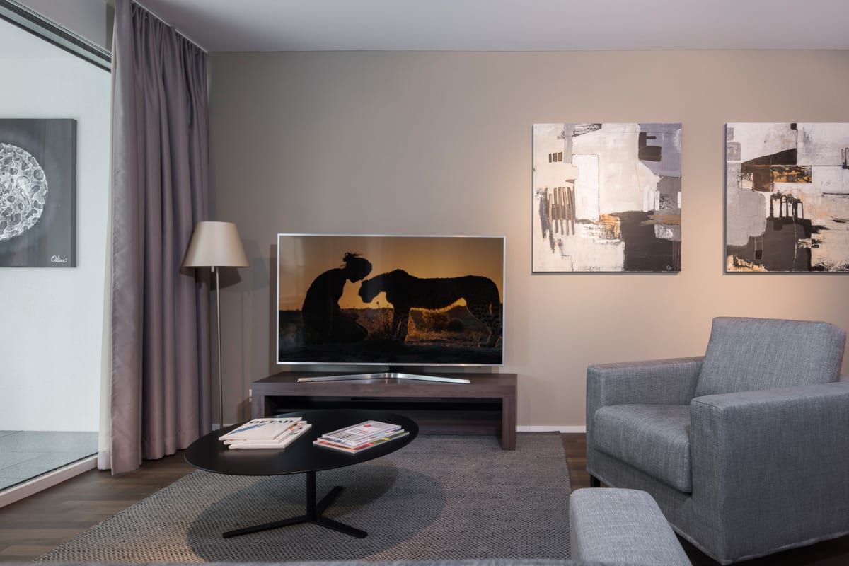 Modernes Wohnzimmer mit Fernseher und Sessel