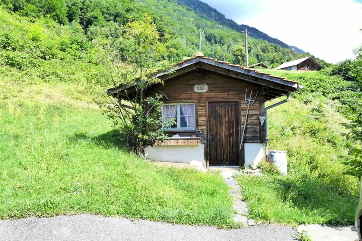 Kleine Holzhütte in grüner Hanglage