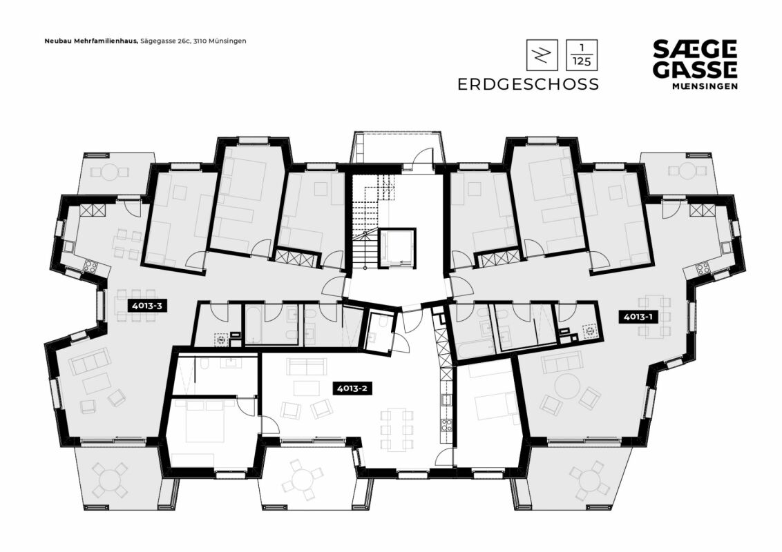 Erdgeschoss-Grundriss eines Mehrfamilienhauses