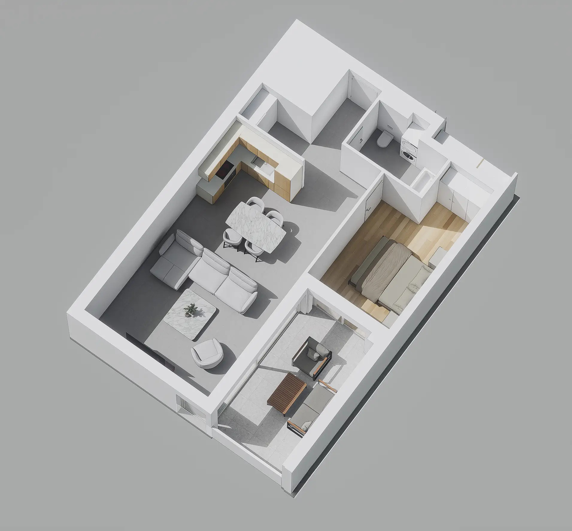 3D-Grundriss einer Wohnung mit Möblierung