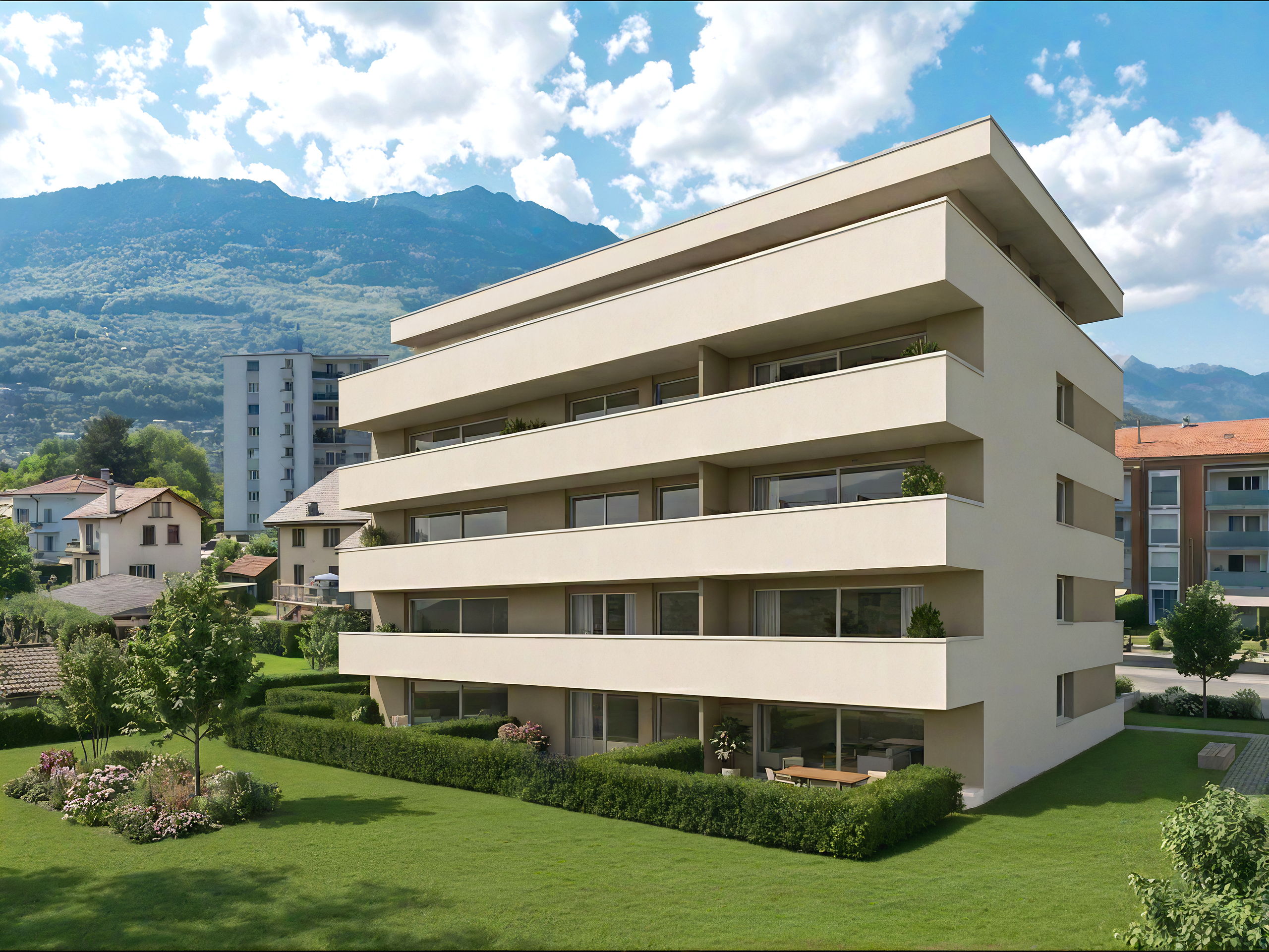 Modernes Mehrfamilienhaus mit Bergblick