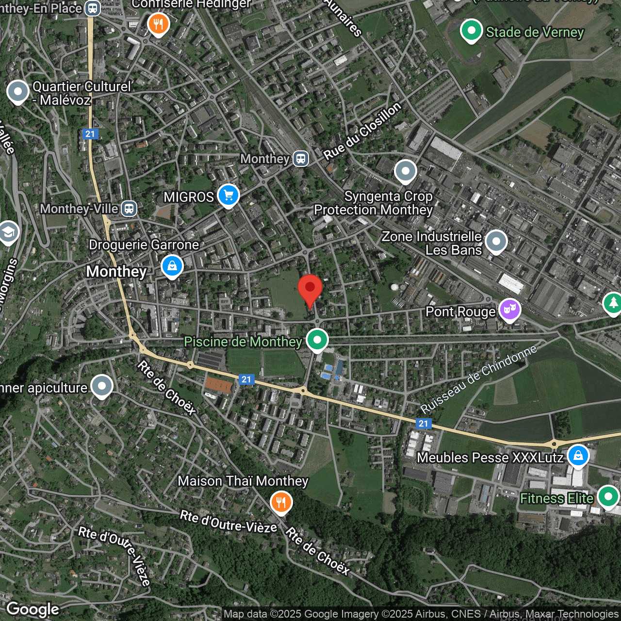 Satellitenkarte eines Stadtgebiets mit markierter Position in Monthey