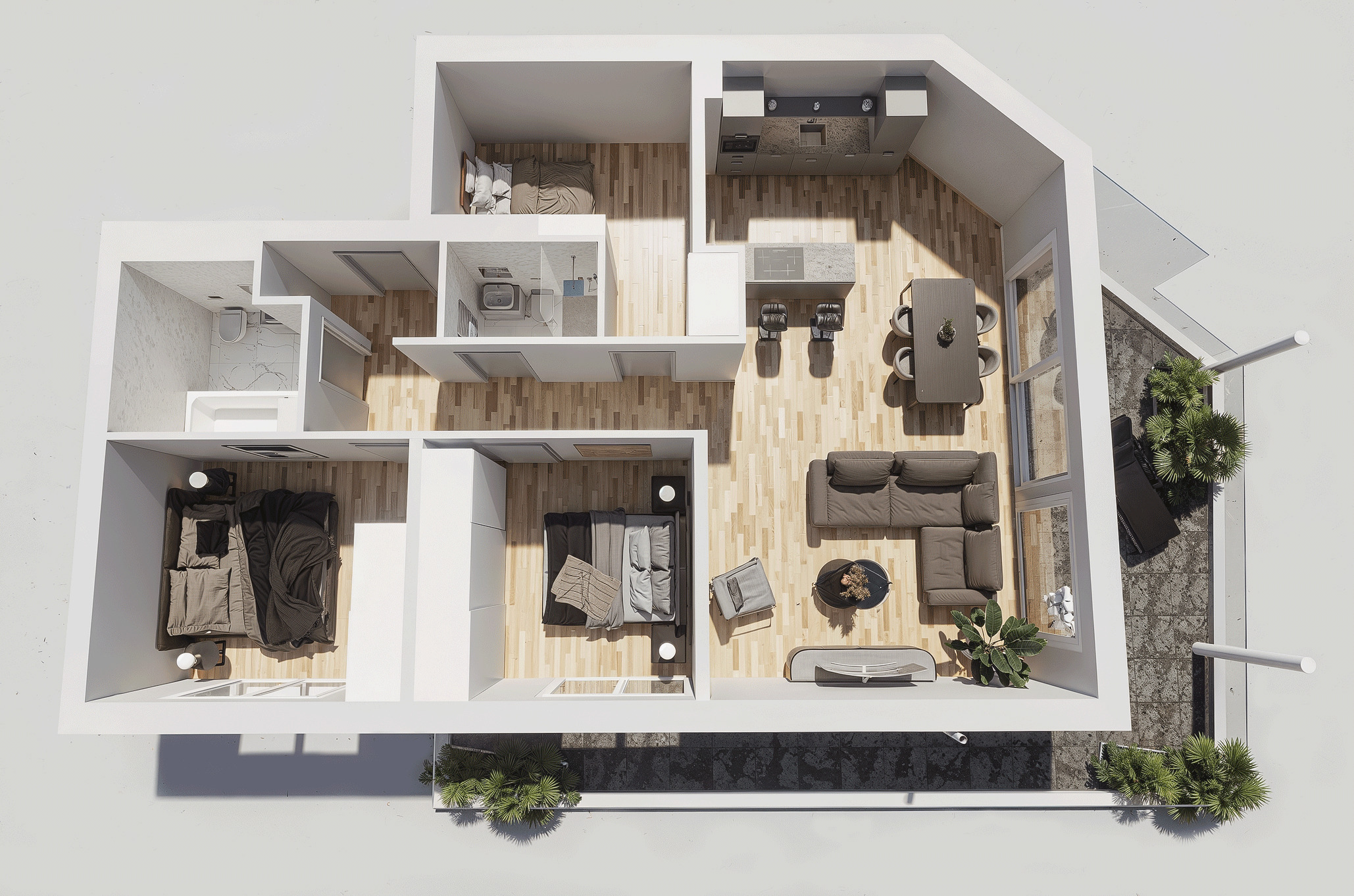 3D-Grundriss eines kleinen, modernen Wohnhauses