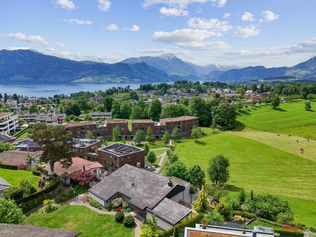 Panoramablick auf See, Berge und Wohngebiet